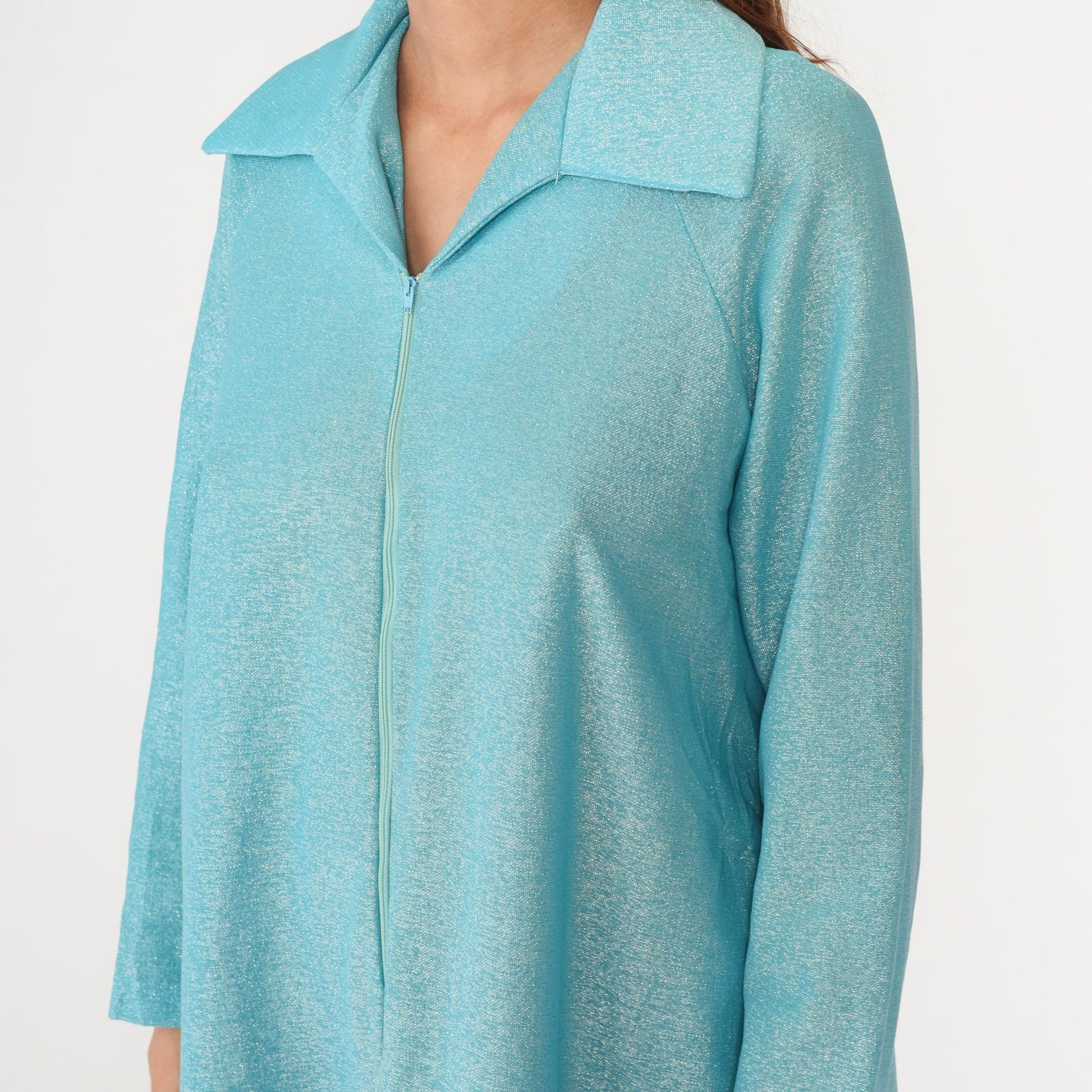 70s Aristique Turquoise Metallic Maxi Robe Zip Front Collared Loungewear Large L