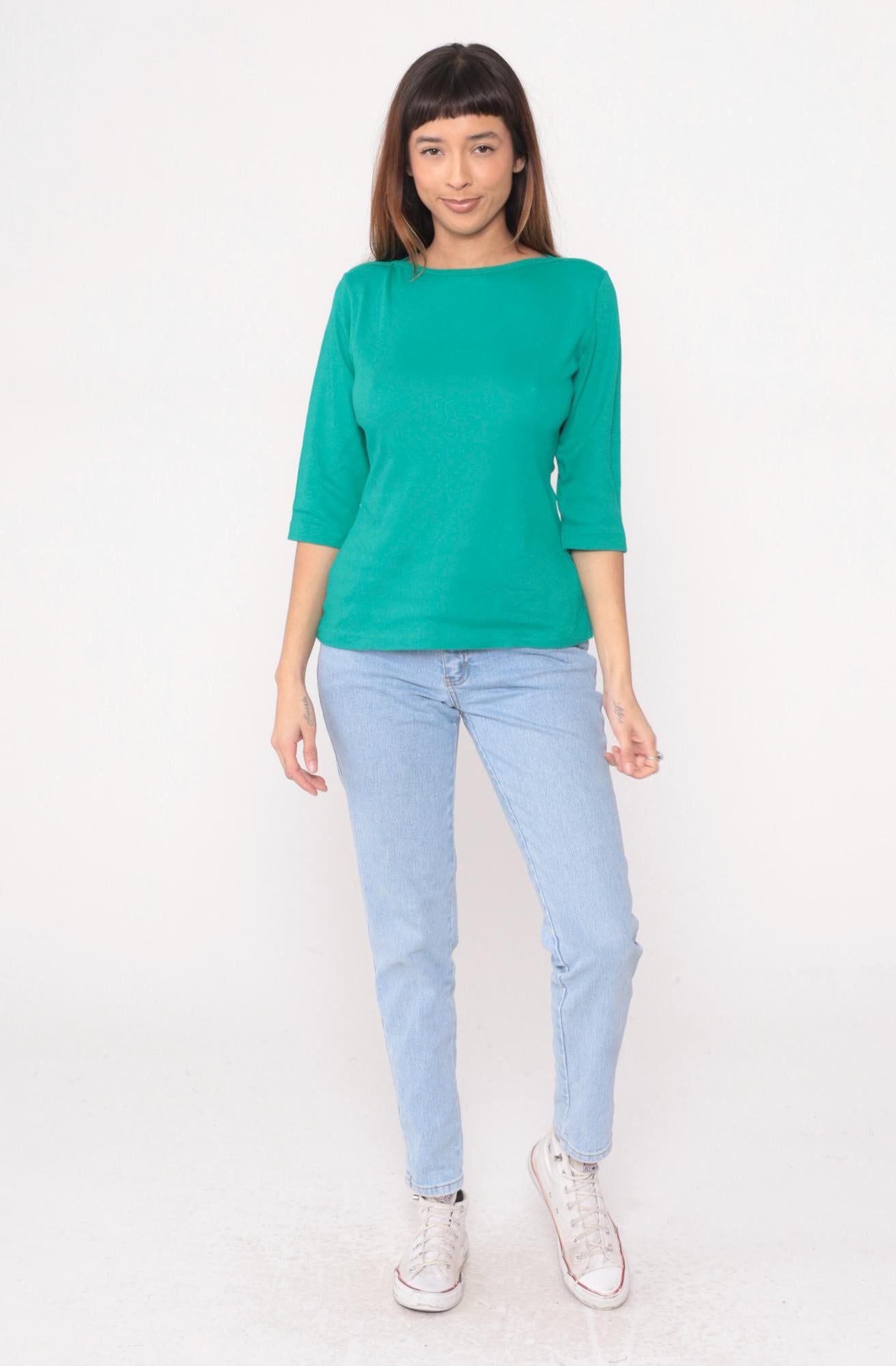 90s LL Bean Teal Boat Neck Cotton Top Three-Quarter Sleeve Medium M