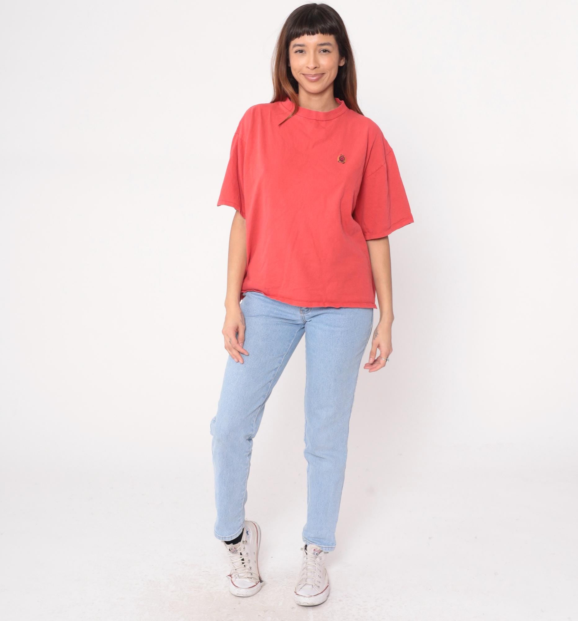 90s Bugle Boy Salmon Cotton T-Shirt Embroidered Crest Logo Large L