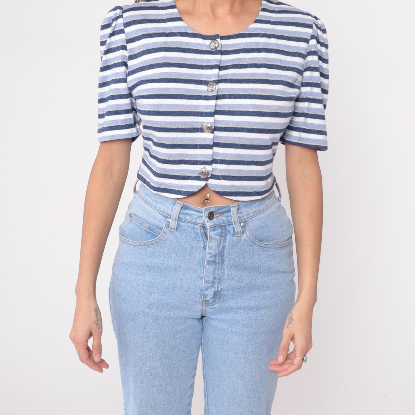 80s Striped Crop Top Puff Sleeve Button Front Navy Blue White Medium