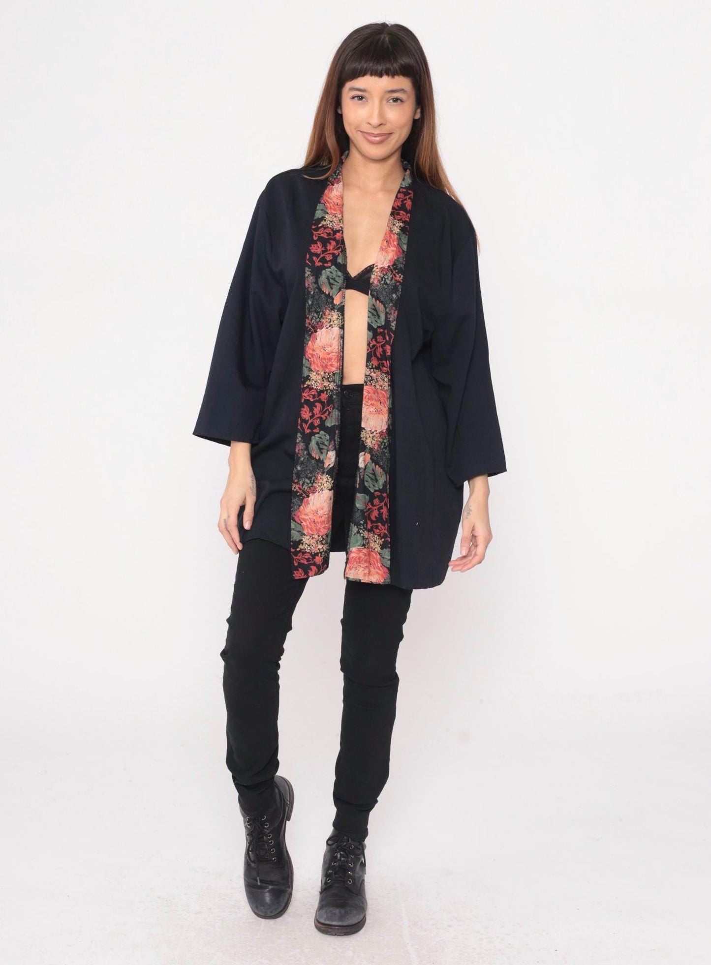 90s Black Kimono Cardigan Floral Rose Garden Trim Open Front Rayon Large