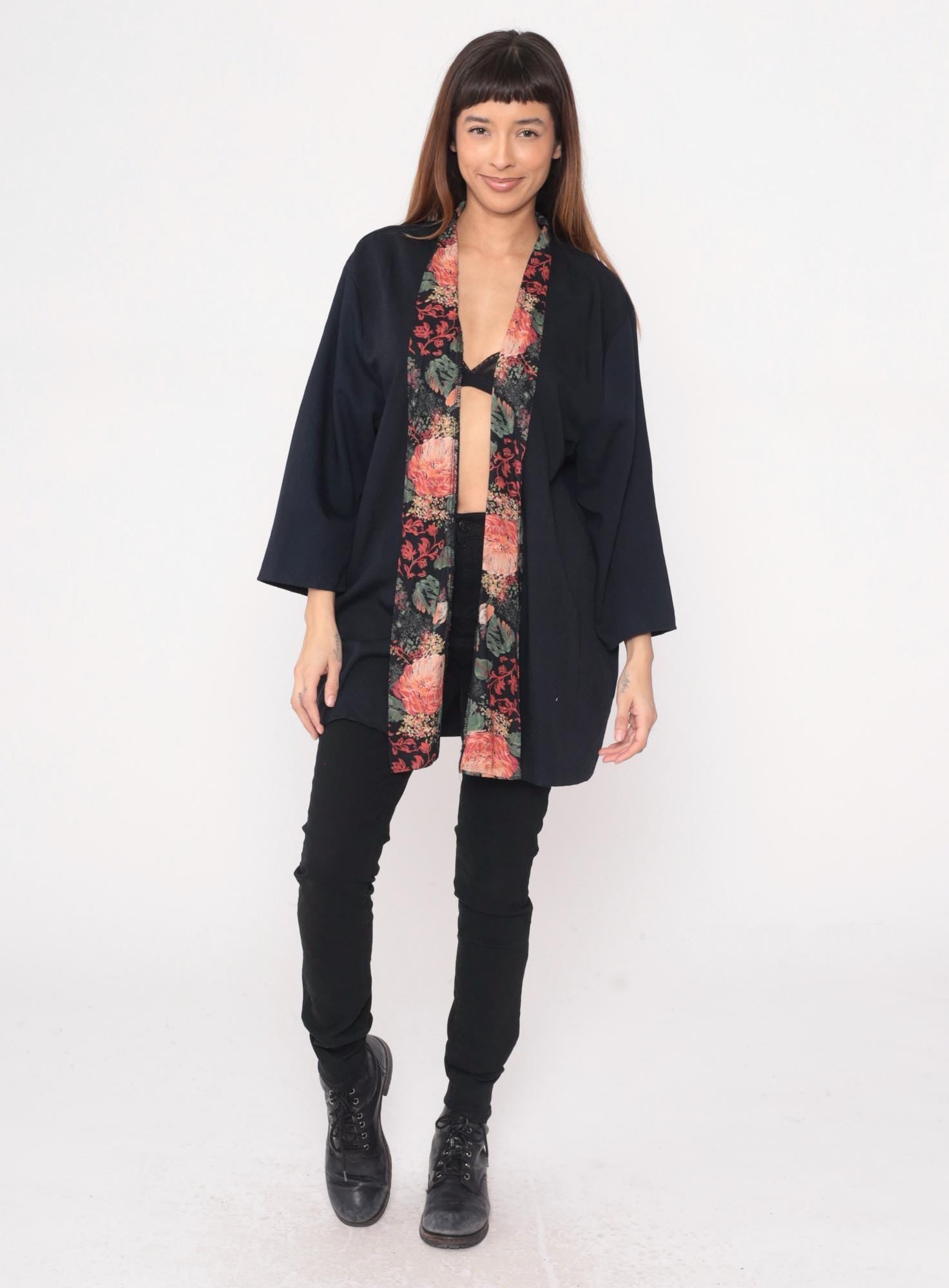 90s Black Kimono Cardigan Floral Rose Garden Trim Open Front Rayon Large