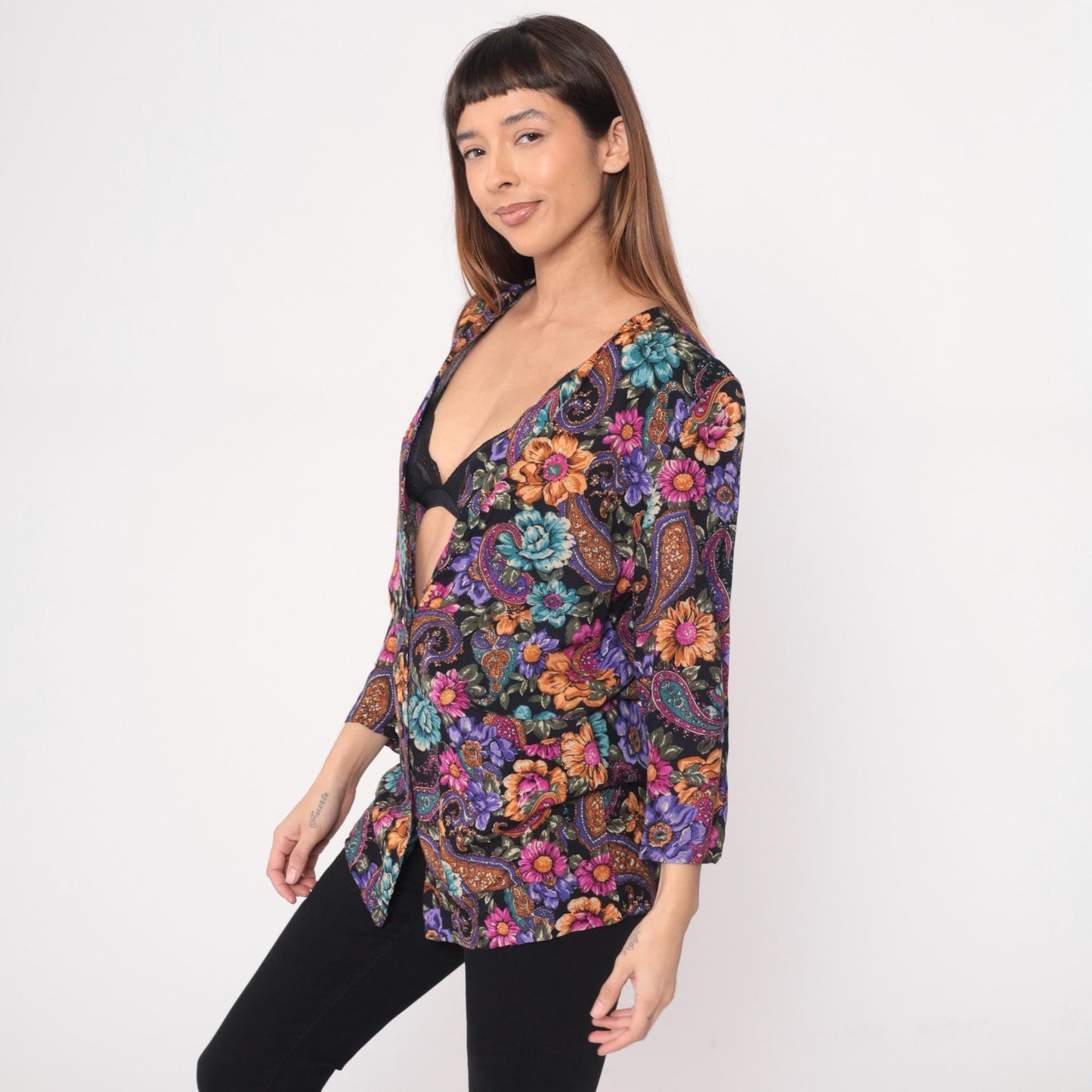 90s Rampage Paisley Floral Tunic Blouse Deep V Neck Rayon Black Purple Medium