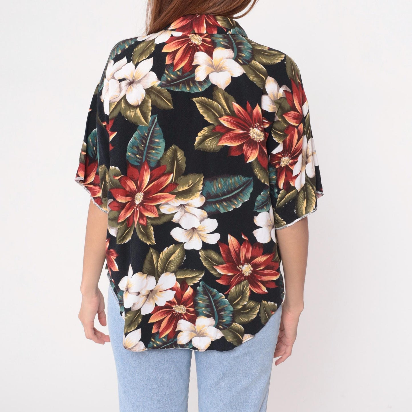 90s Black Hawaiian Shirt Tropical Floral Plumeria Rayon Blouse Medium M