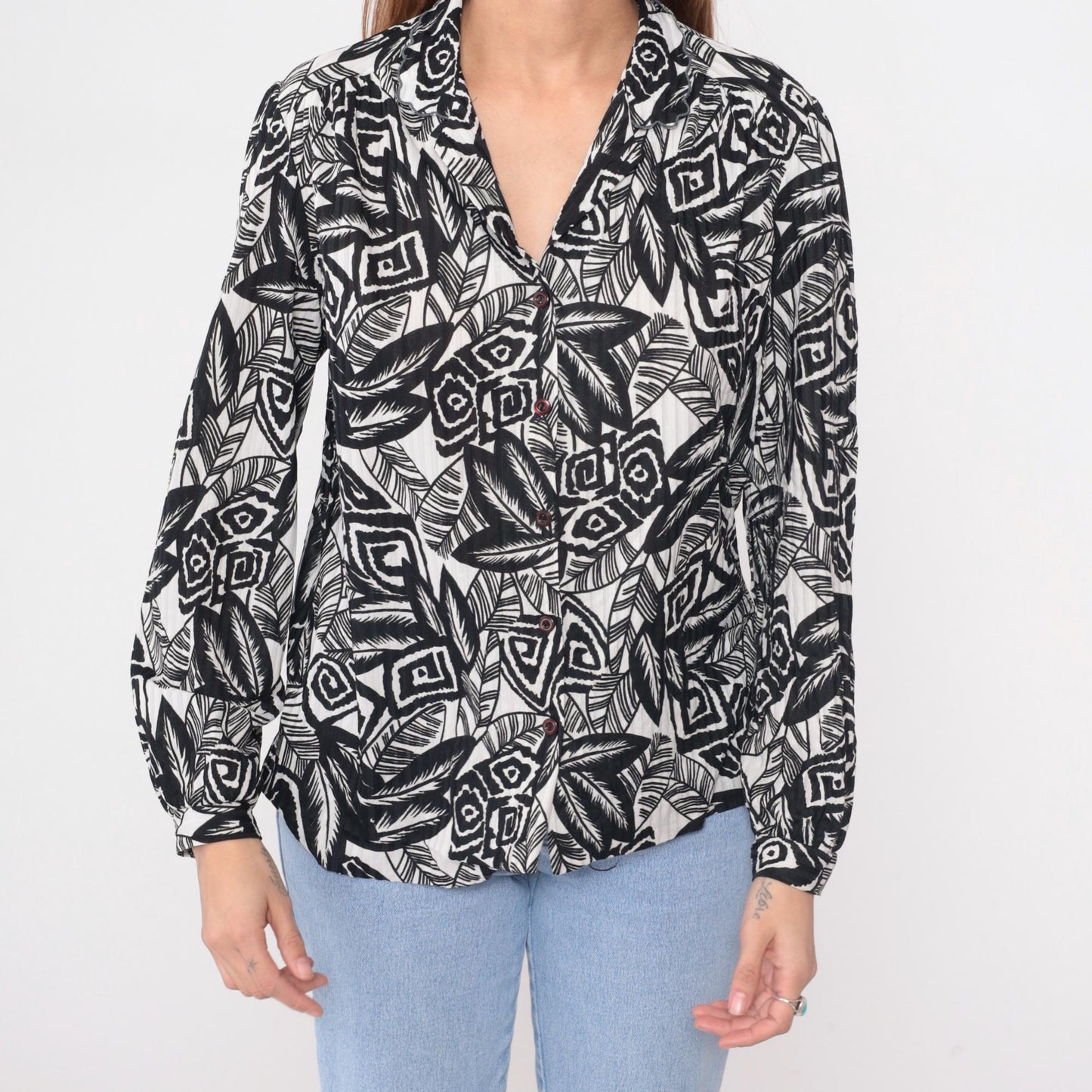 90s Black White Abstract Geometric Blouse Long Sleeve Button Front Large L