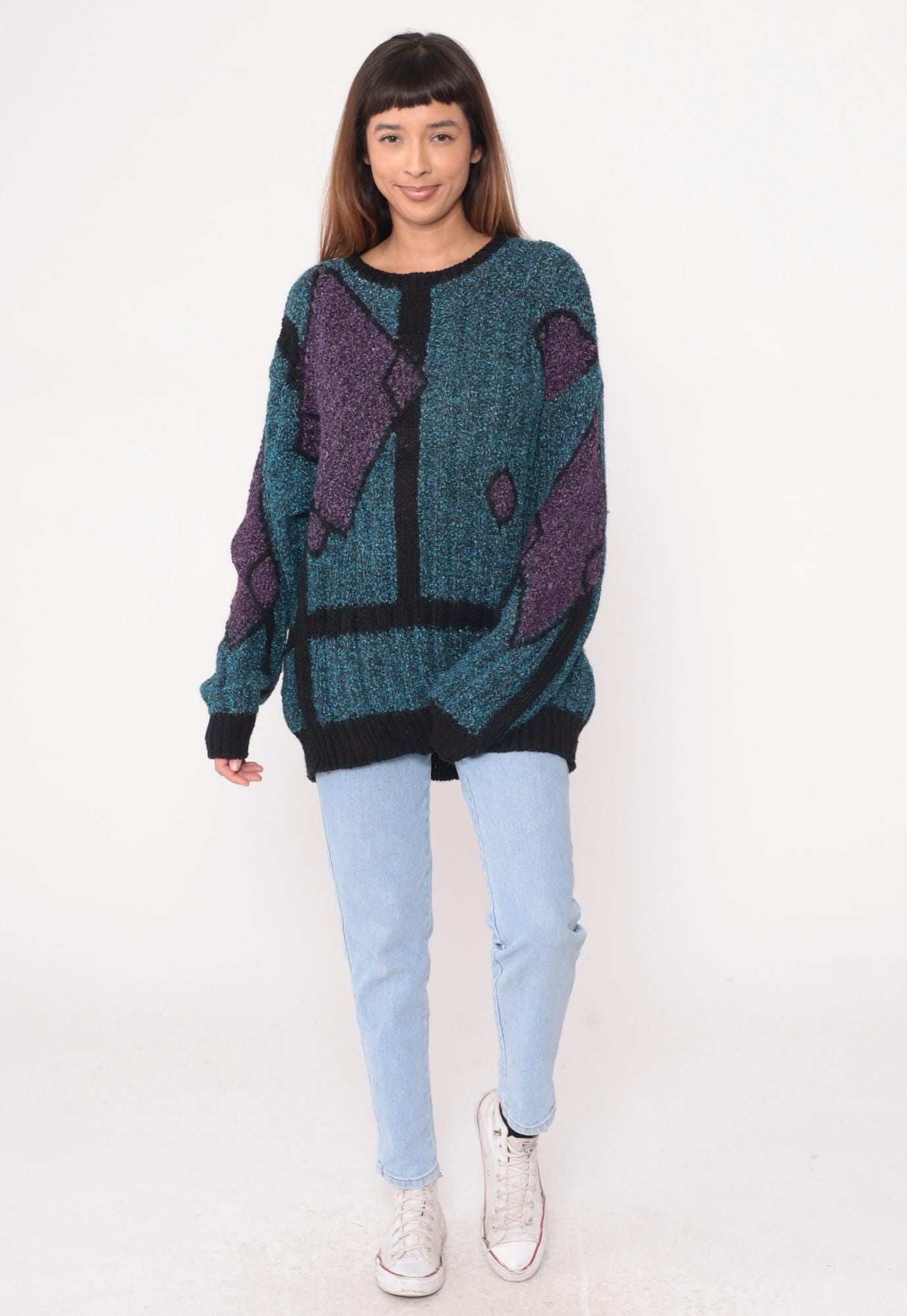 90s Geometric Knit Sweater Teal Purple Black Angular Pattern Crewneck Medium M