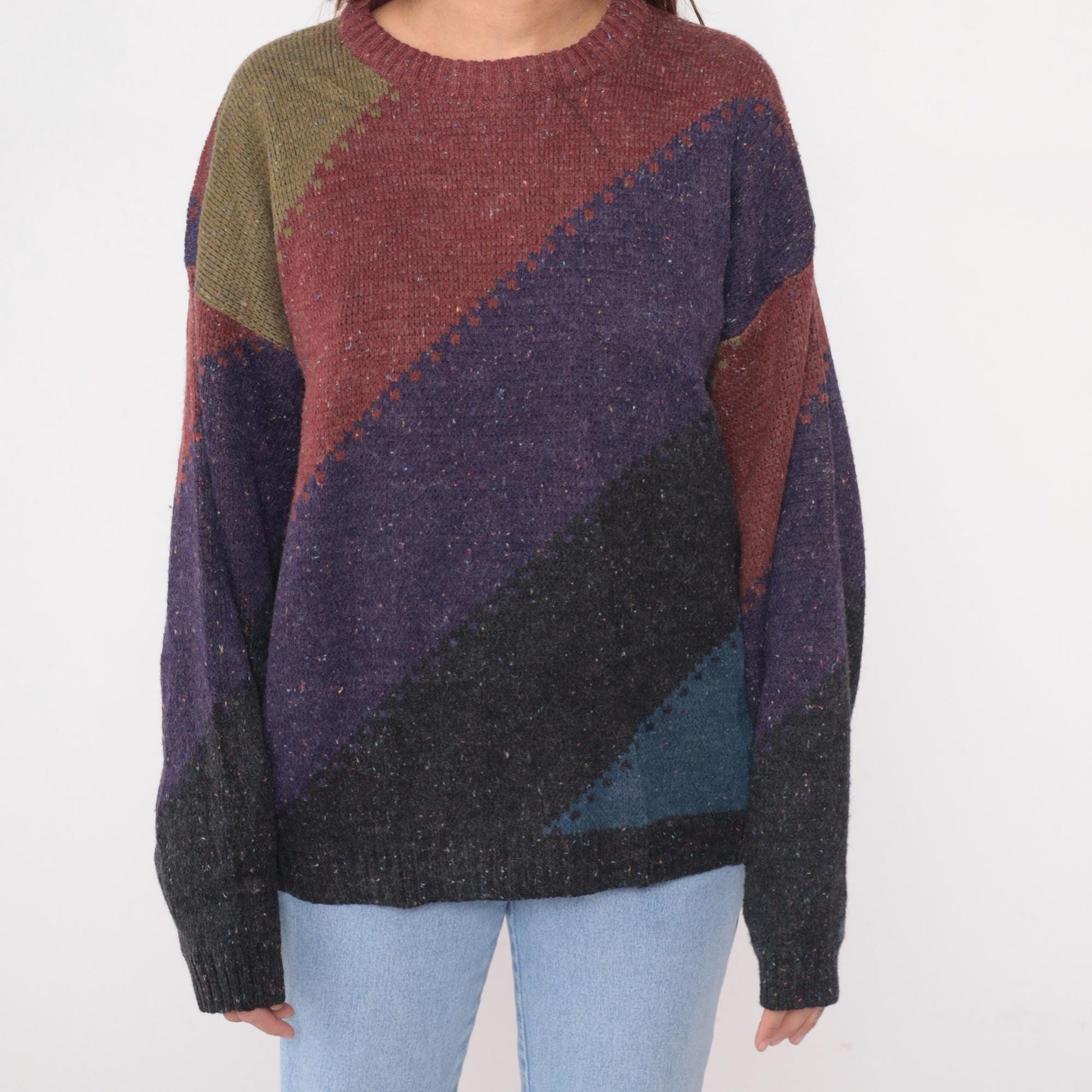 80s Method Colorblock Geometric Knit Sweater Crew Neck Large L