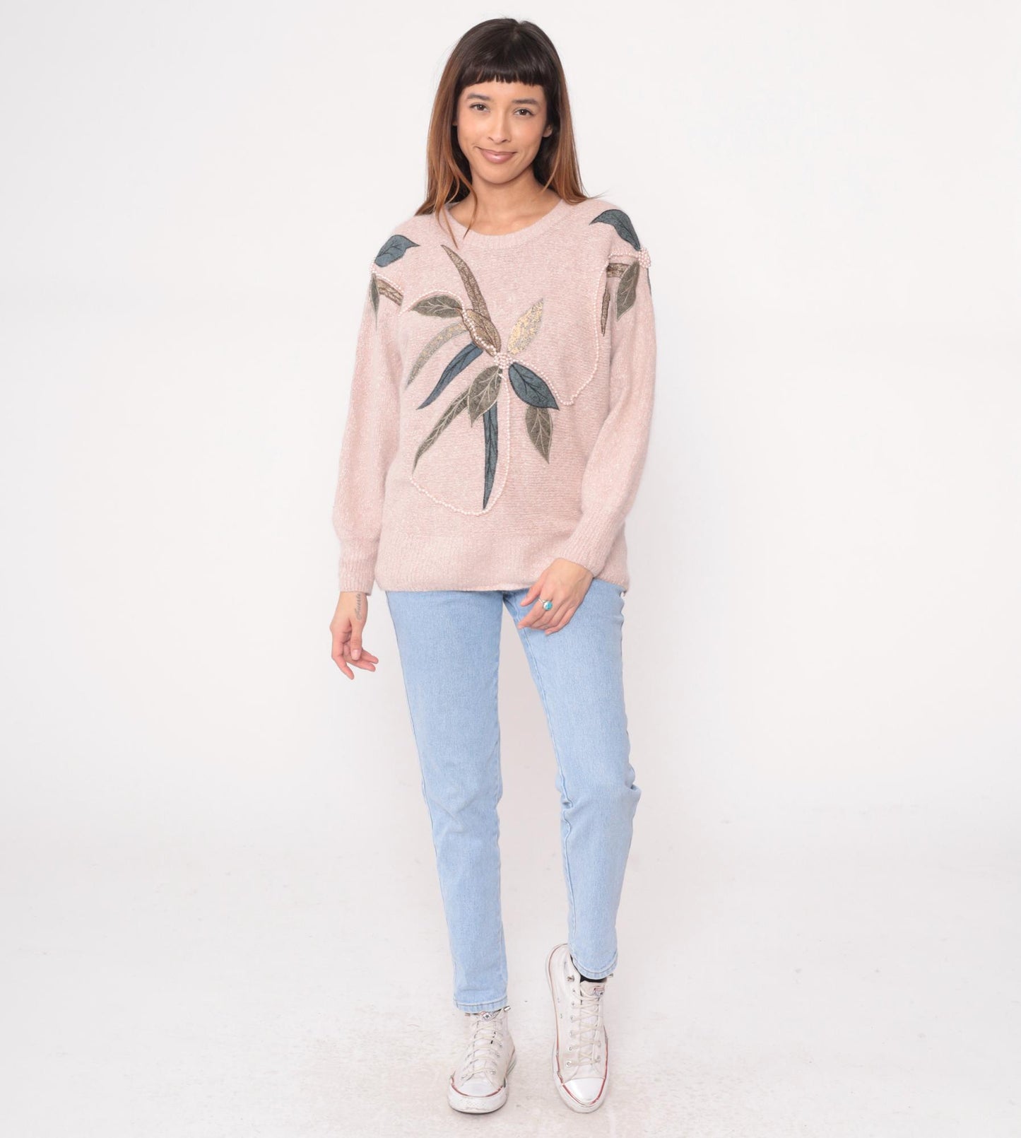 80s Belldini Pink Sweater Leaf Appliqué Beaded Knit Medium M