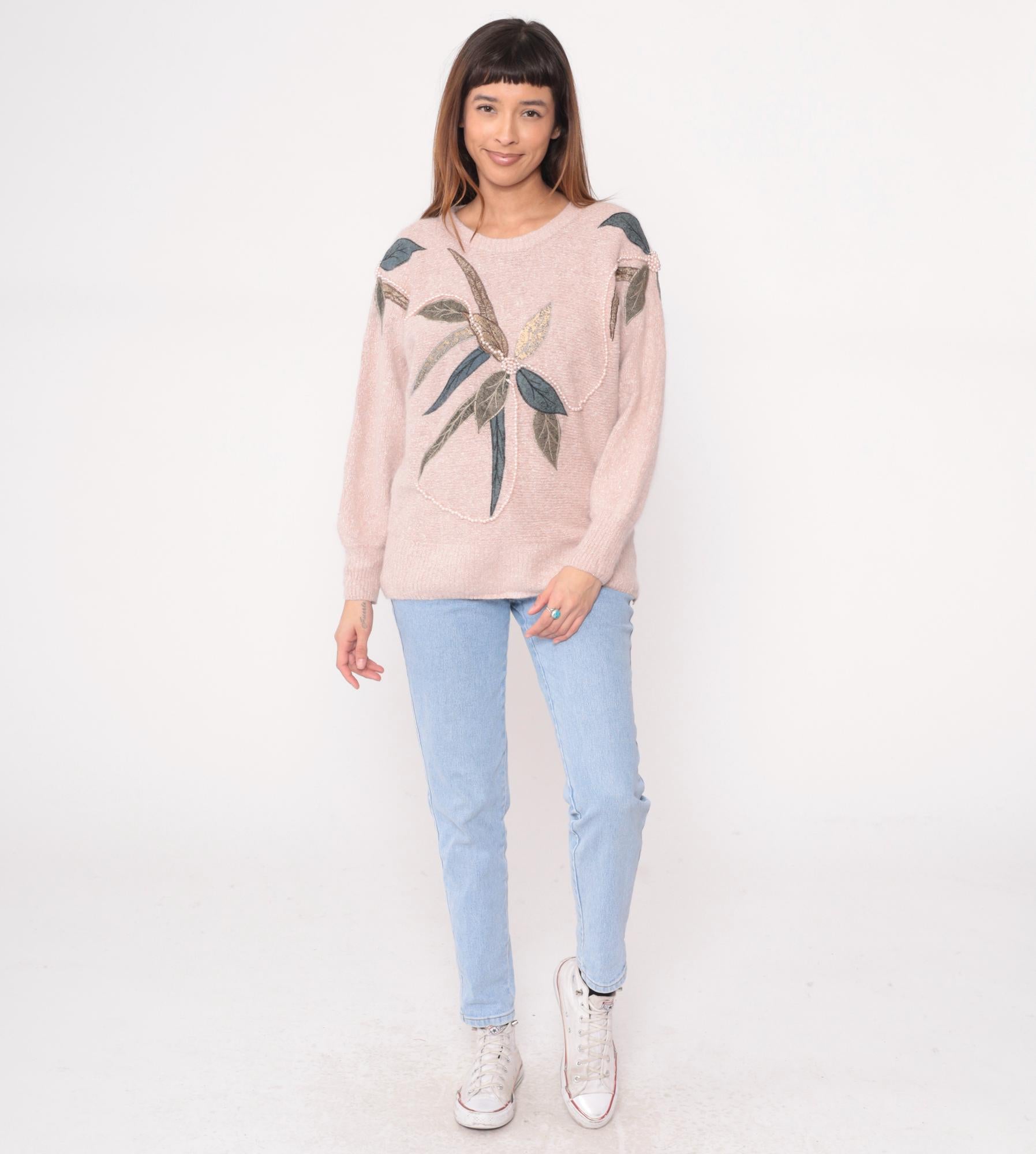80s Belldini Pink Sweater Leaf Appliqué Beaded Knit Medium M