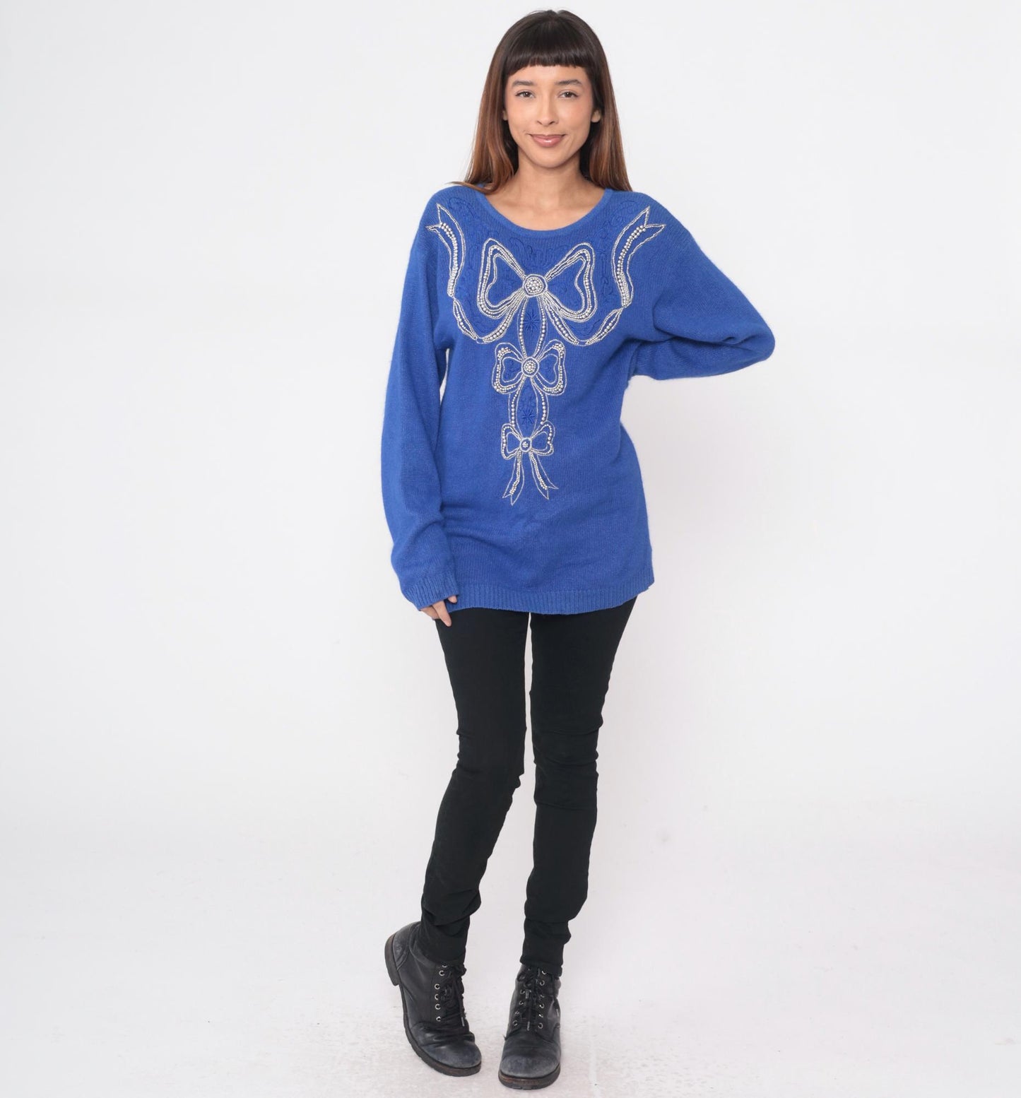 80s Ib Diffusion Periwinkle Blue Sweater Beaded Bow Knit Small