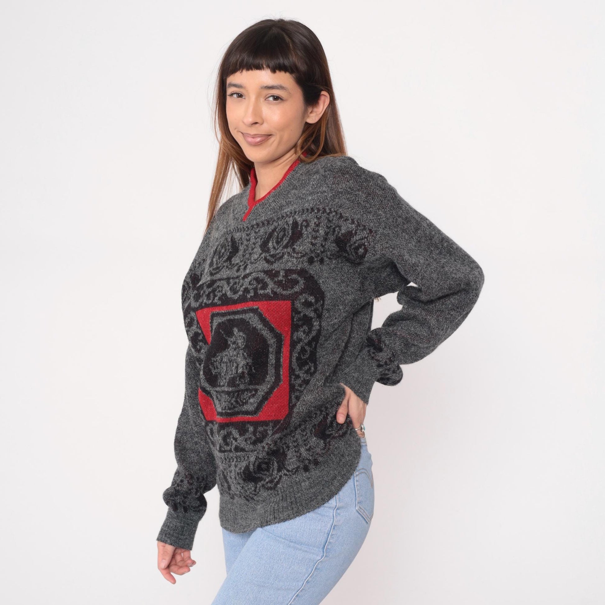 90s Tribal Pattern V-Neck Sweater Grey Red Wool Knit Small S