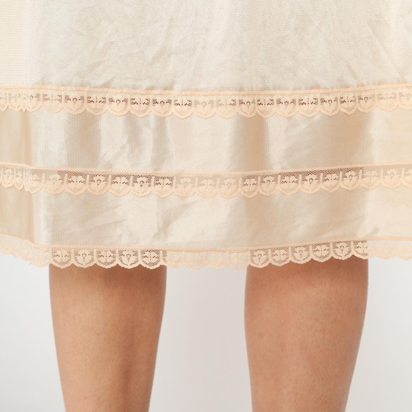 70s Cream Satin Slip Dress Sears Lace Trim Spaghetti Strap Small