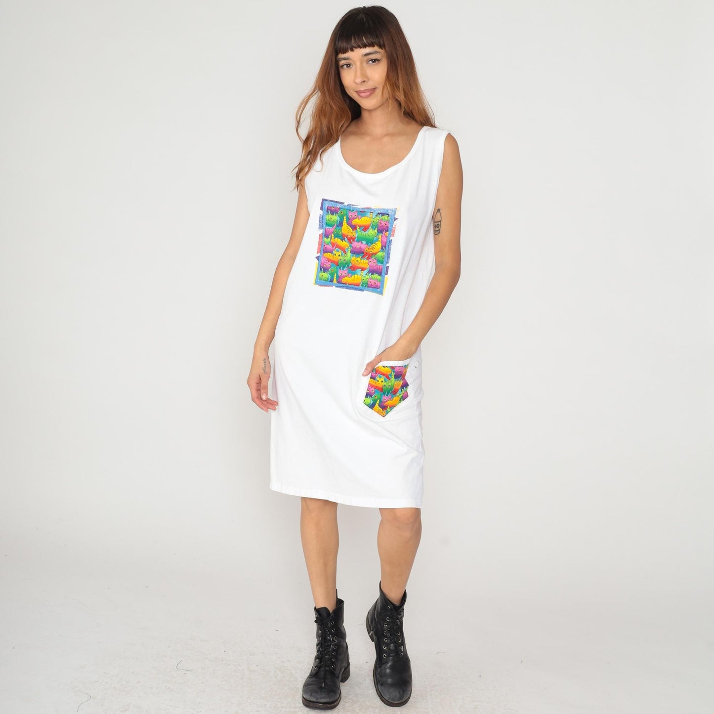 90s Rainbow Kitties Tank Dress White Cotton Knee-Length Graphic Large L