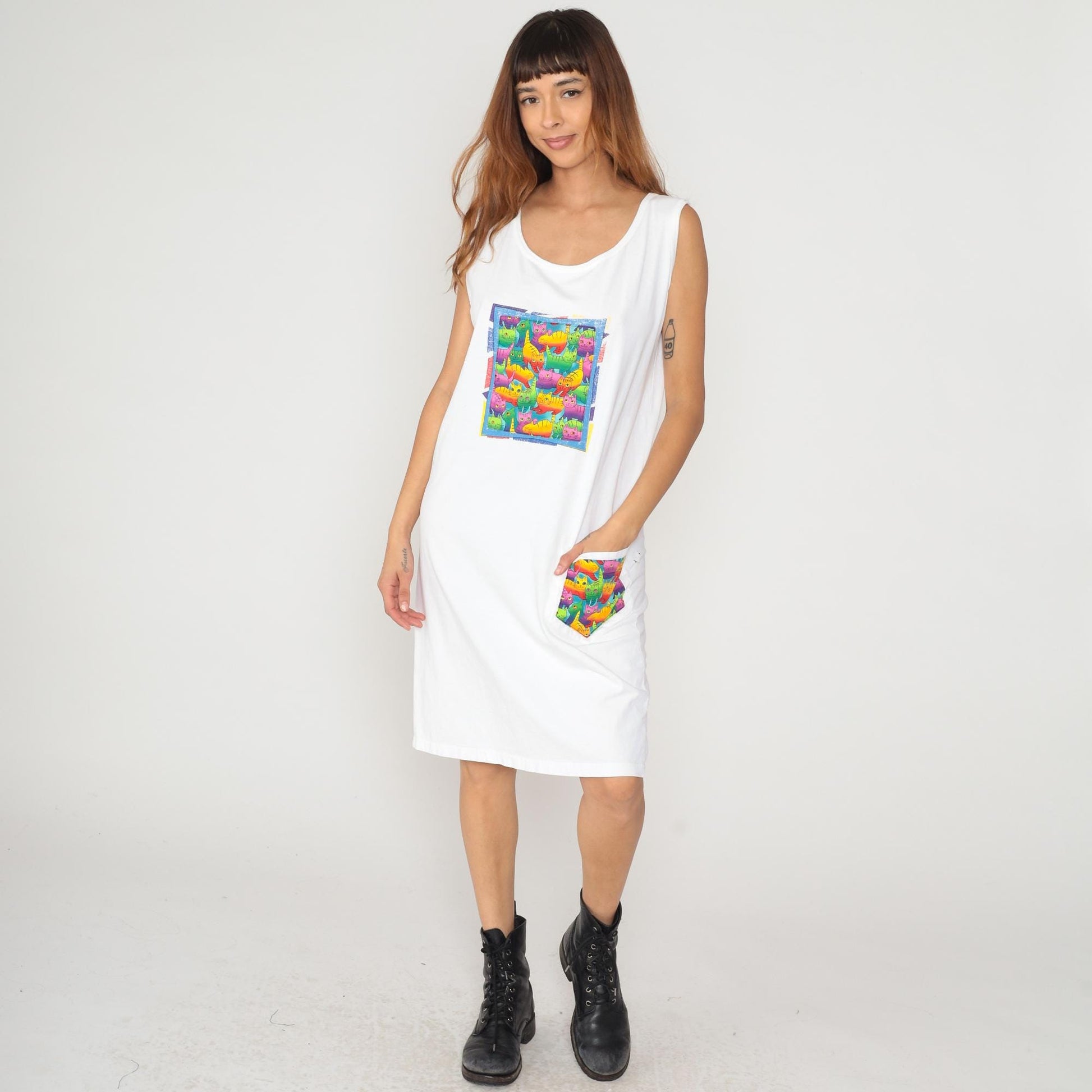 90s Rainbow Kitties Tank Dress White Cotton Knee-Length Graphic Large L