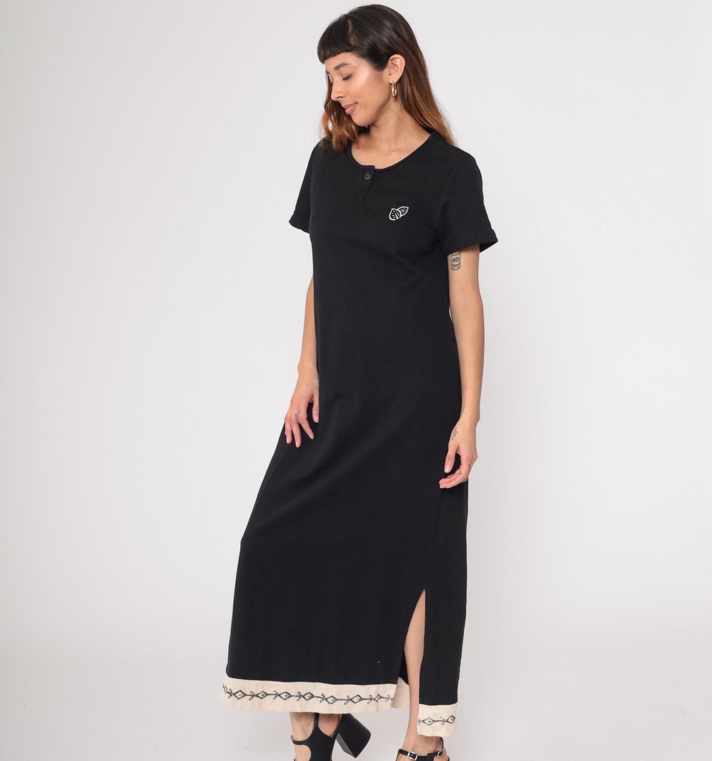 90s Black Cotton Maxi Dress Short Sleeve Embroidered Contrast Hem Medium M