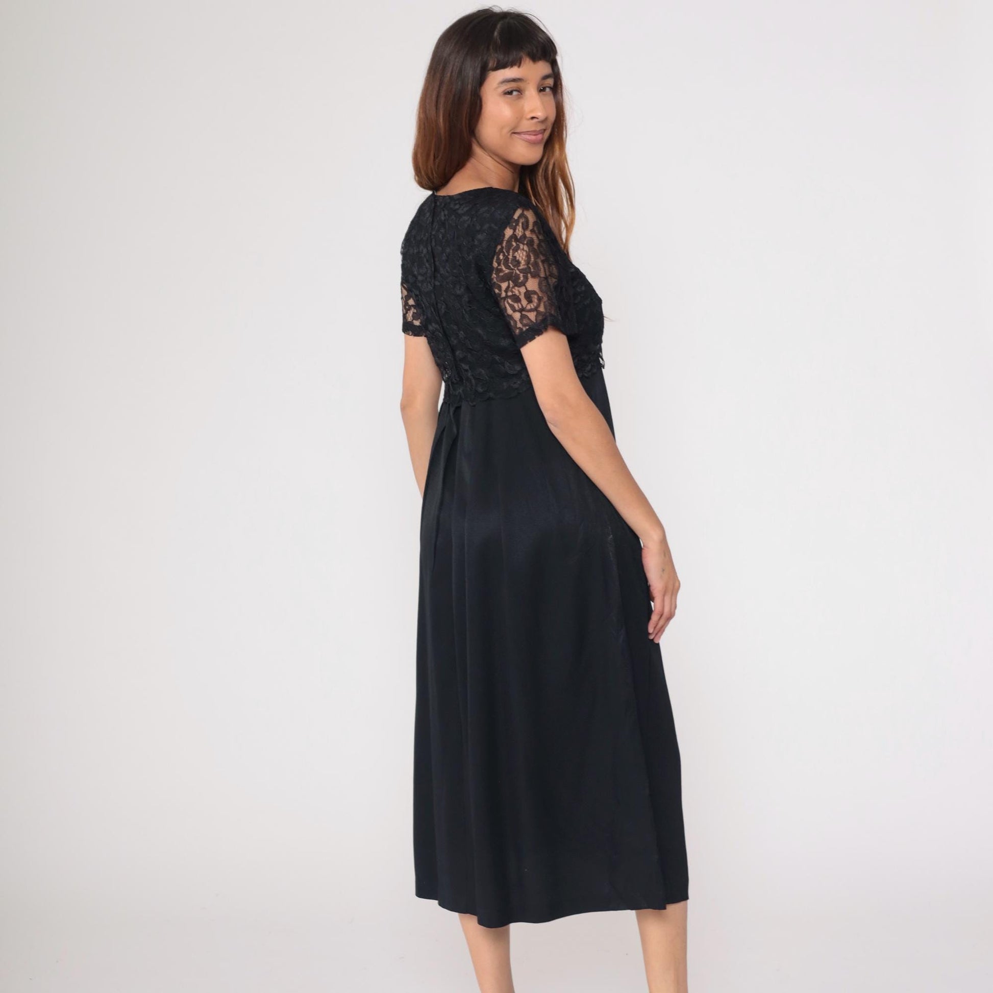 90s Black Lace Empire Waist Midi Dress Bow Detail Medium M