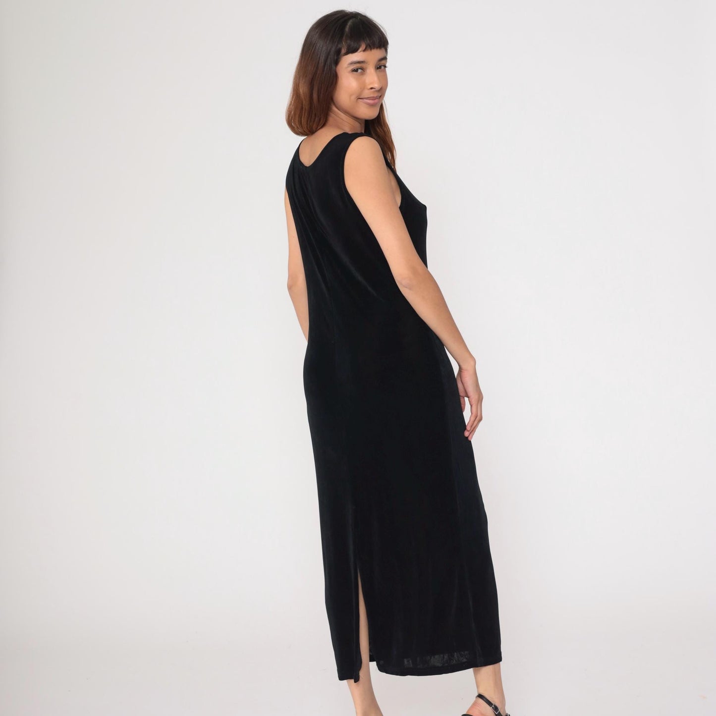 90s Black Sleeveless Column Maxi Dress Scoop Neck Side Slit Medium