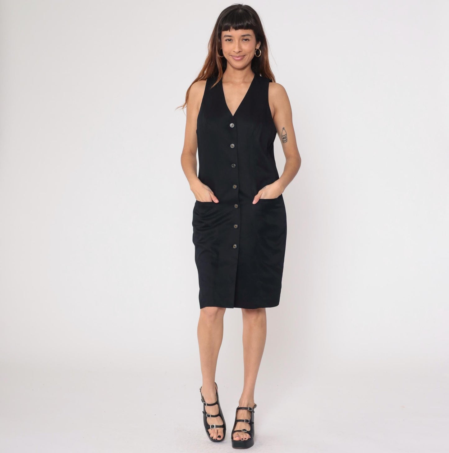 90s Valerie Stevens Black Button-Front V-Neck Knee-Length Shift Dress Medium