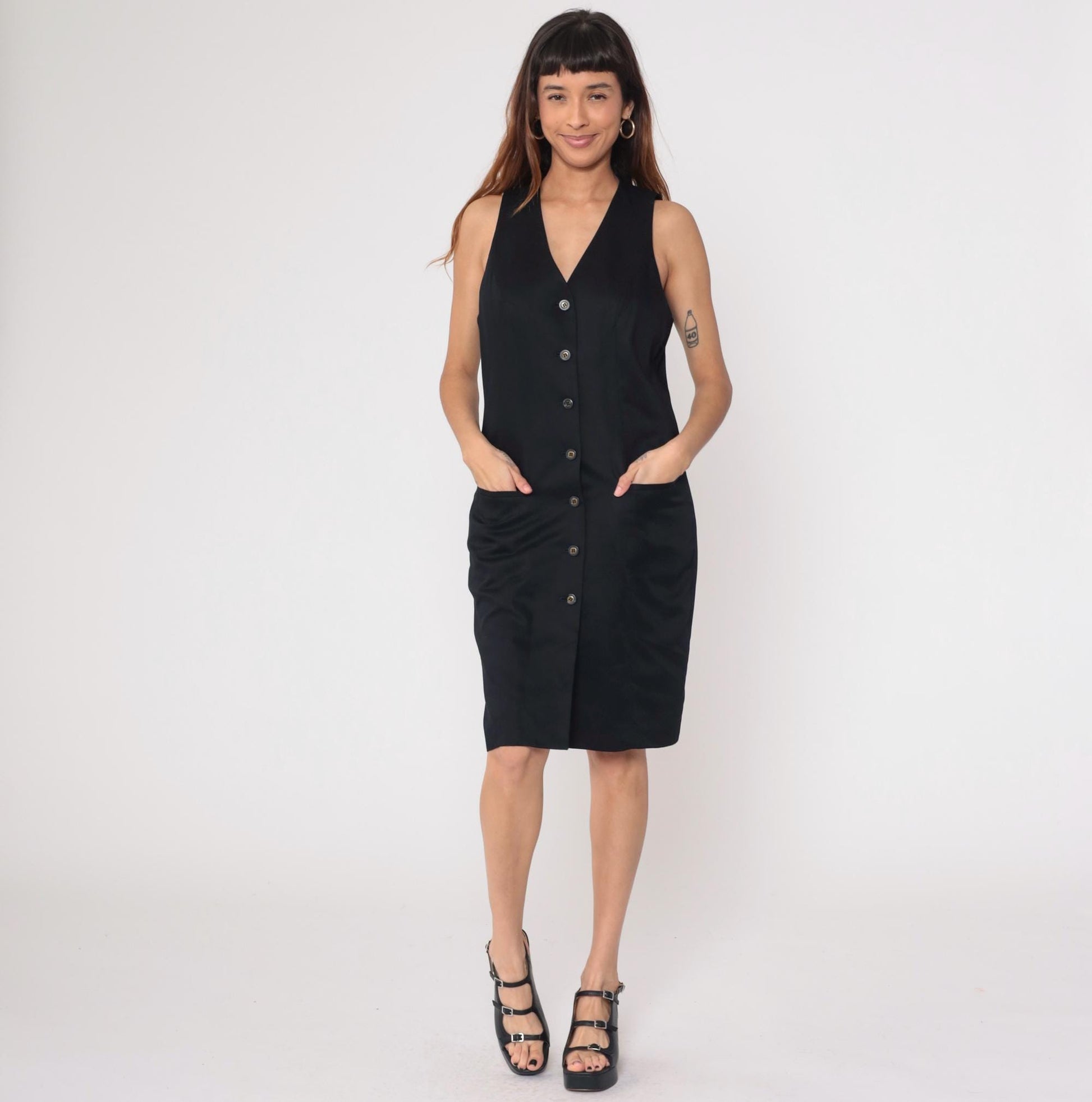 90s Valerie Stevens Black Button-Front V-Neck Knee-Length Shift Dress Medium