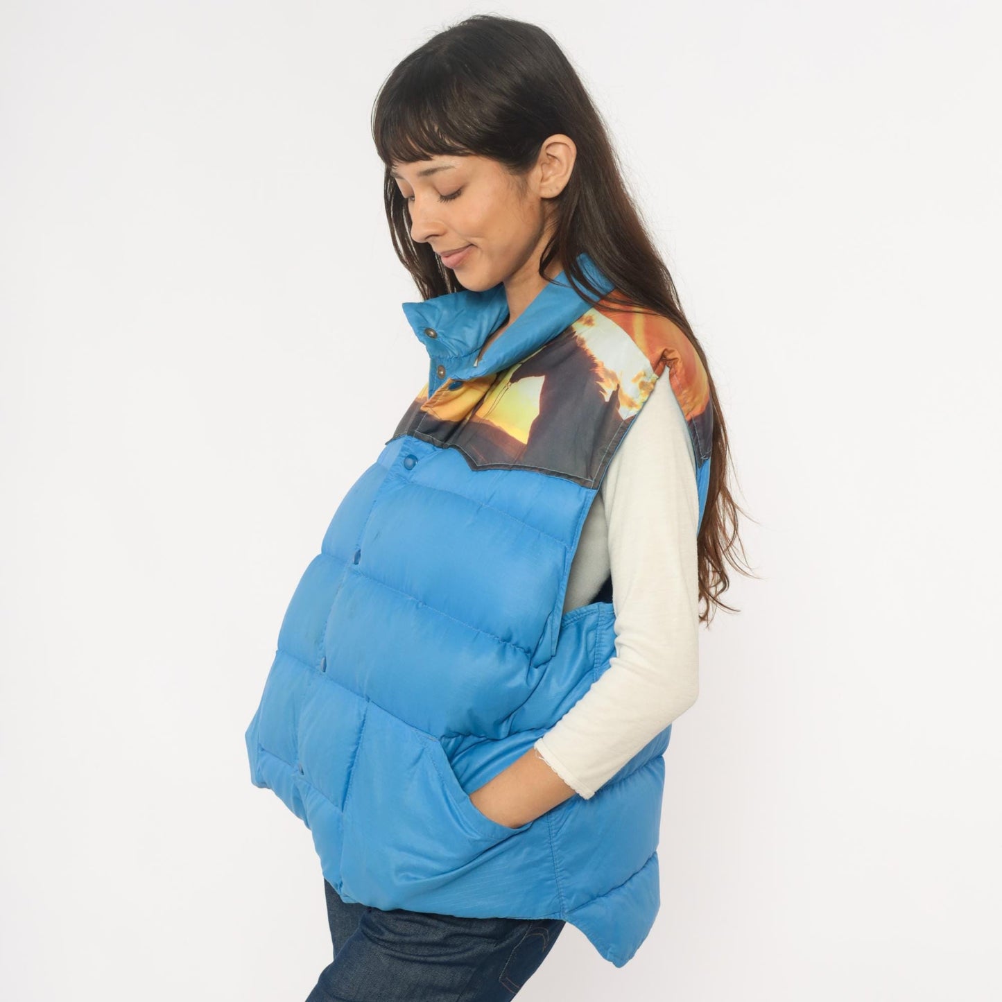 70s Western Sunset Puffer Vest Blue Down Quilted Snap Front Extra Large XL