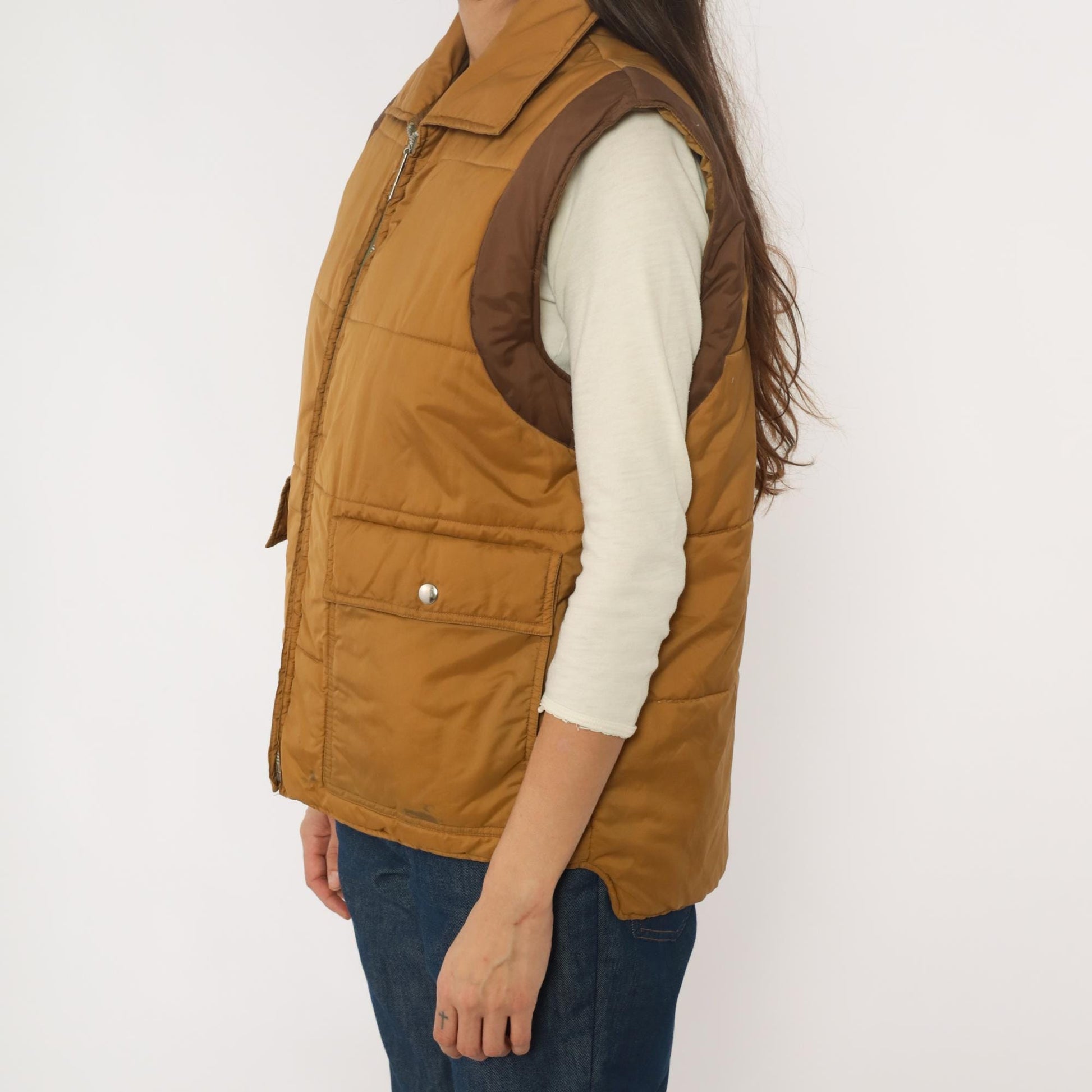 80s Mustard Brown Quilted Puffer Vest Nylon Zip Front Medium
