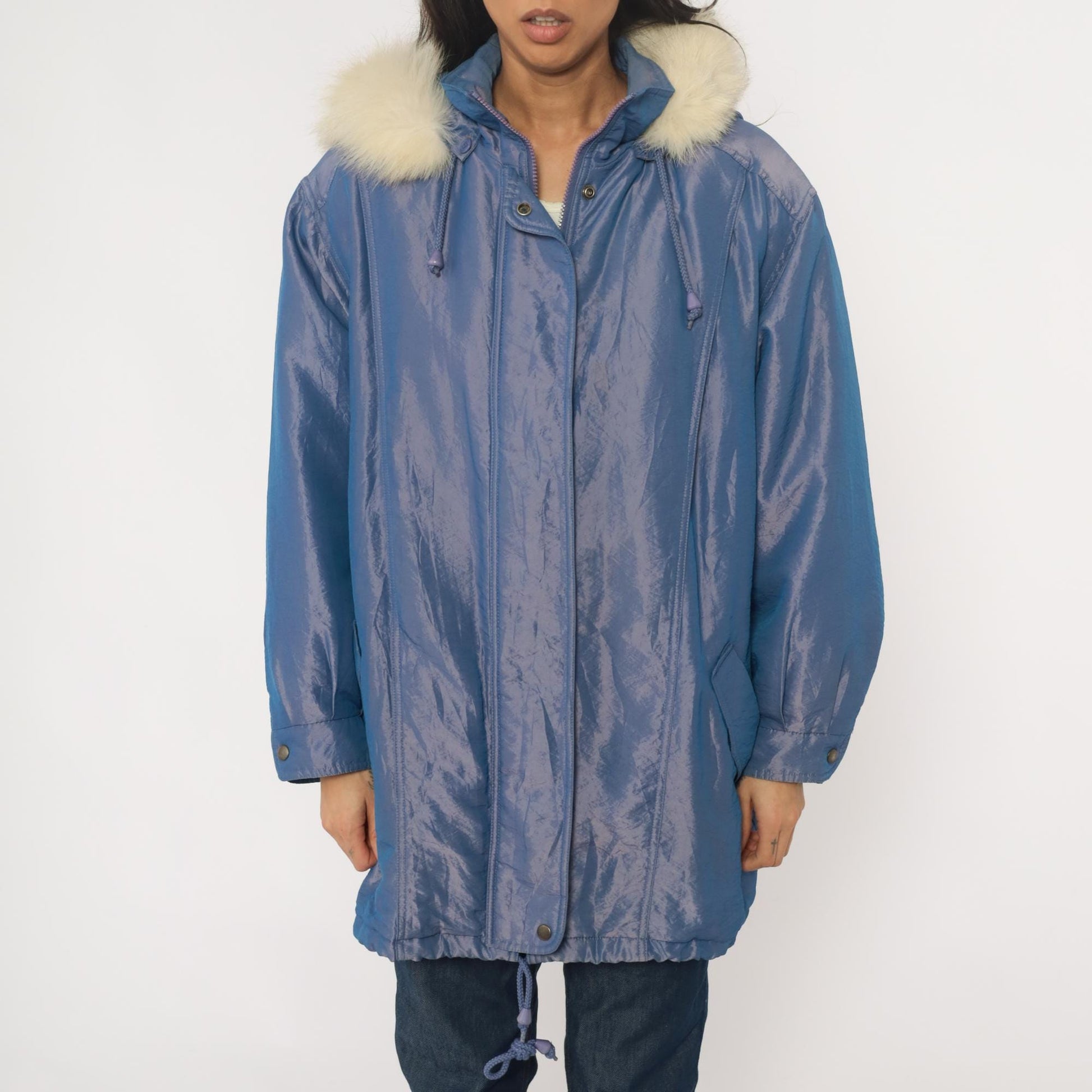 80s Periwinkle Iridescent Puffer Jacket Fur Trim Hood Windbreaker Large L