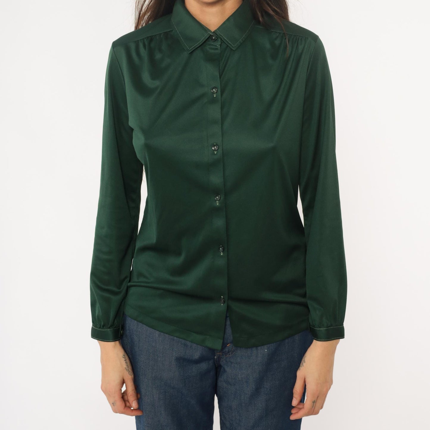 70s Forest Green Button-Front Blouse Long Sleeve Pointed Collar Medium M