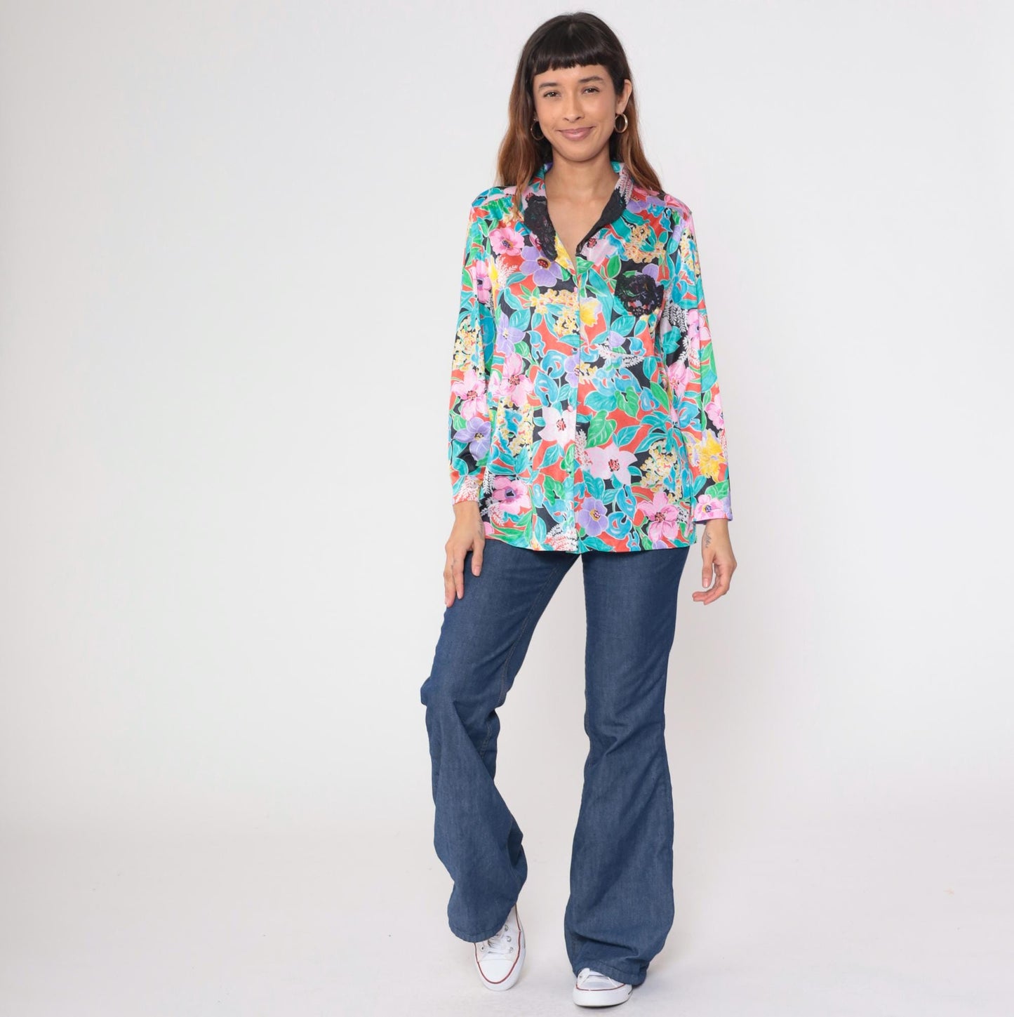 80s Vanity Fair Tropical Floral Button-Up Blouse Pink Purple Turquoise Medium