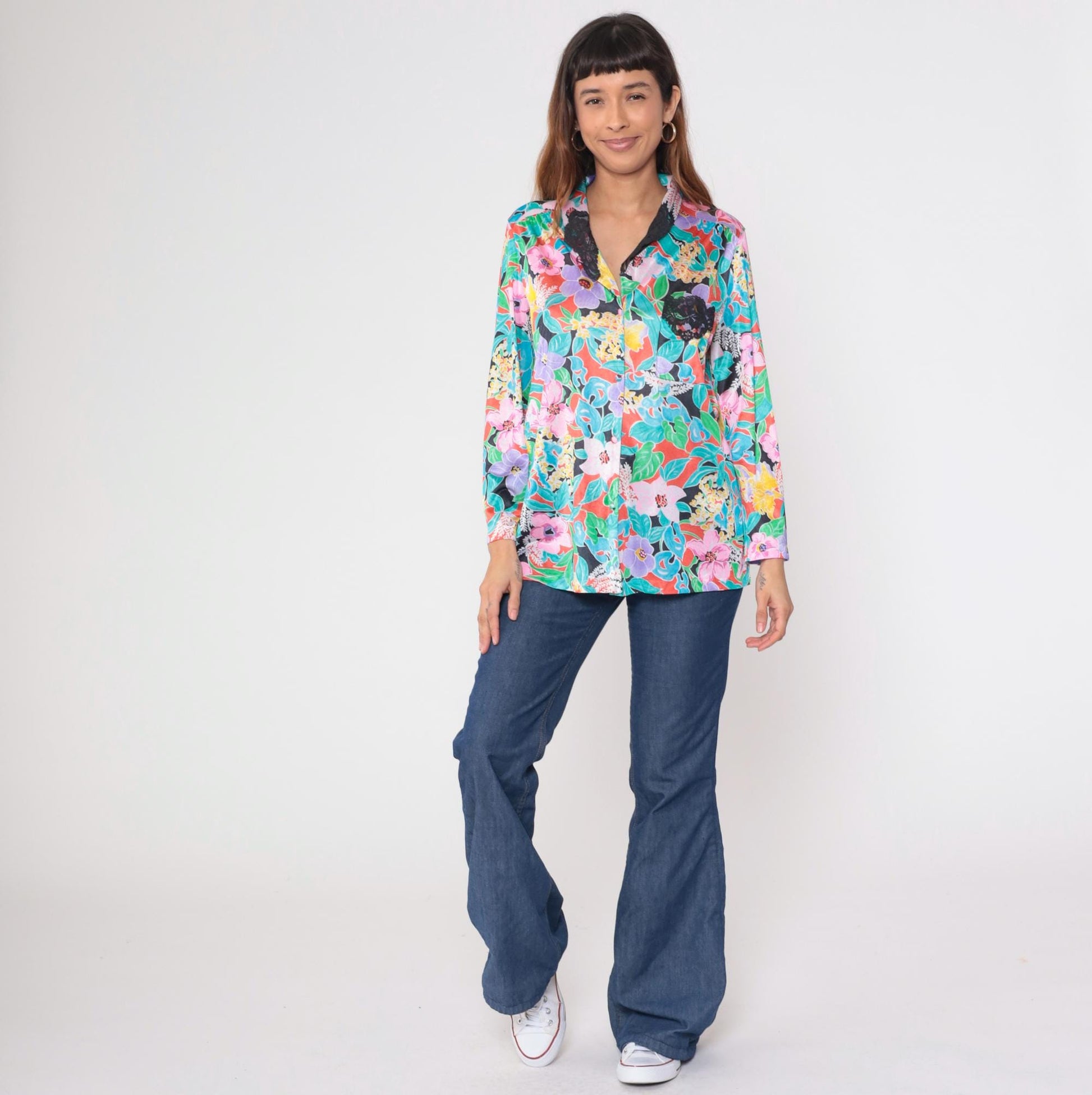 80s Vanity Fair Tropical Floral Button-Up Blouse Pink Purple Turquoise Medium