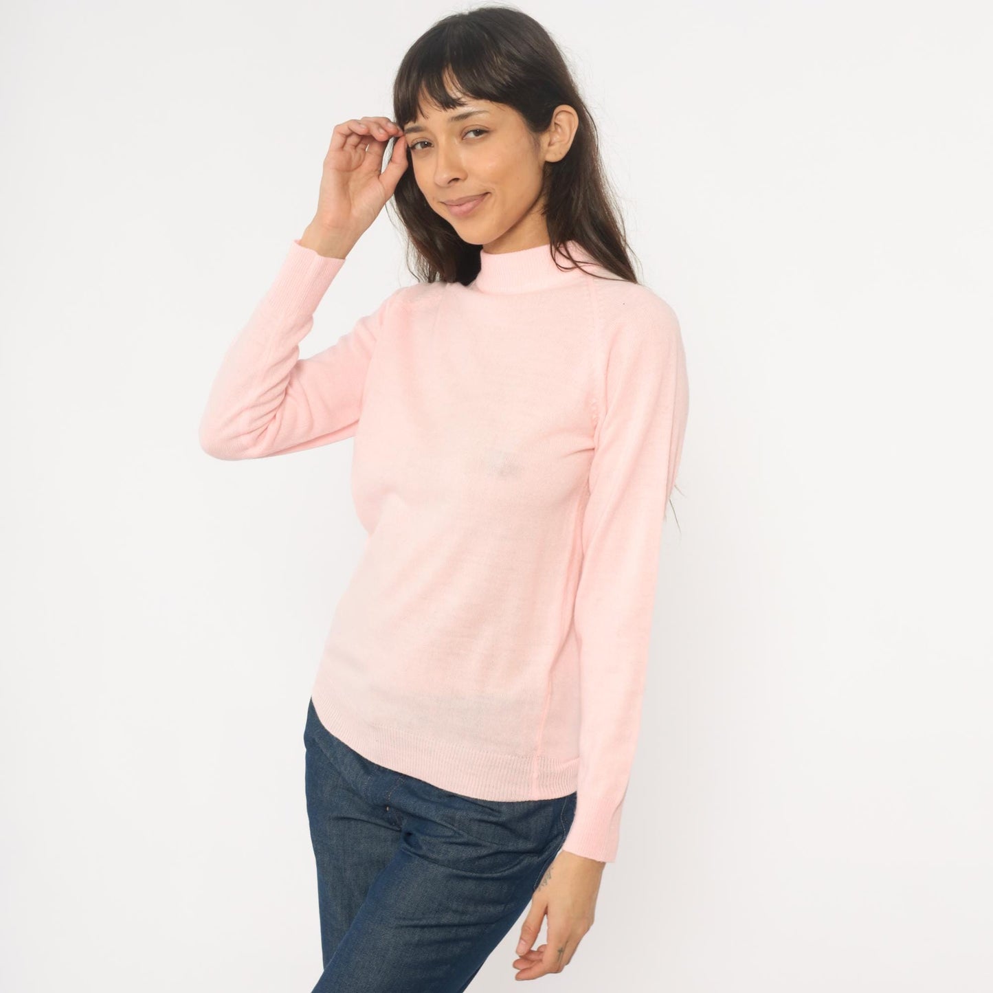 70s Pink Mock Neck Sweater Acrylic Knit Ribbed Cuffs Back Zip Small S