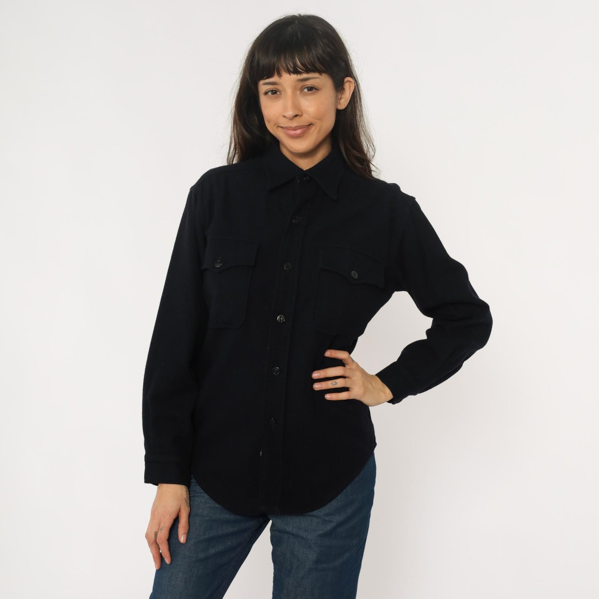 70s Dark Blue Wool CPO Shirt Button Front Pointed Collar Large