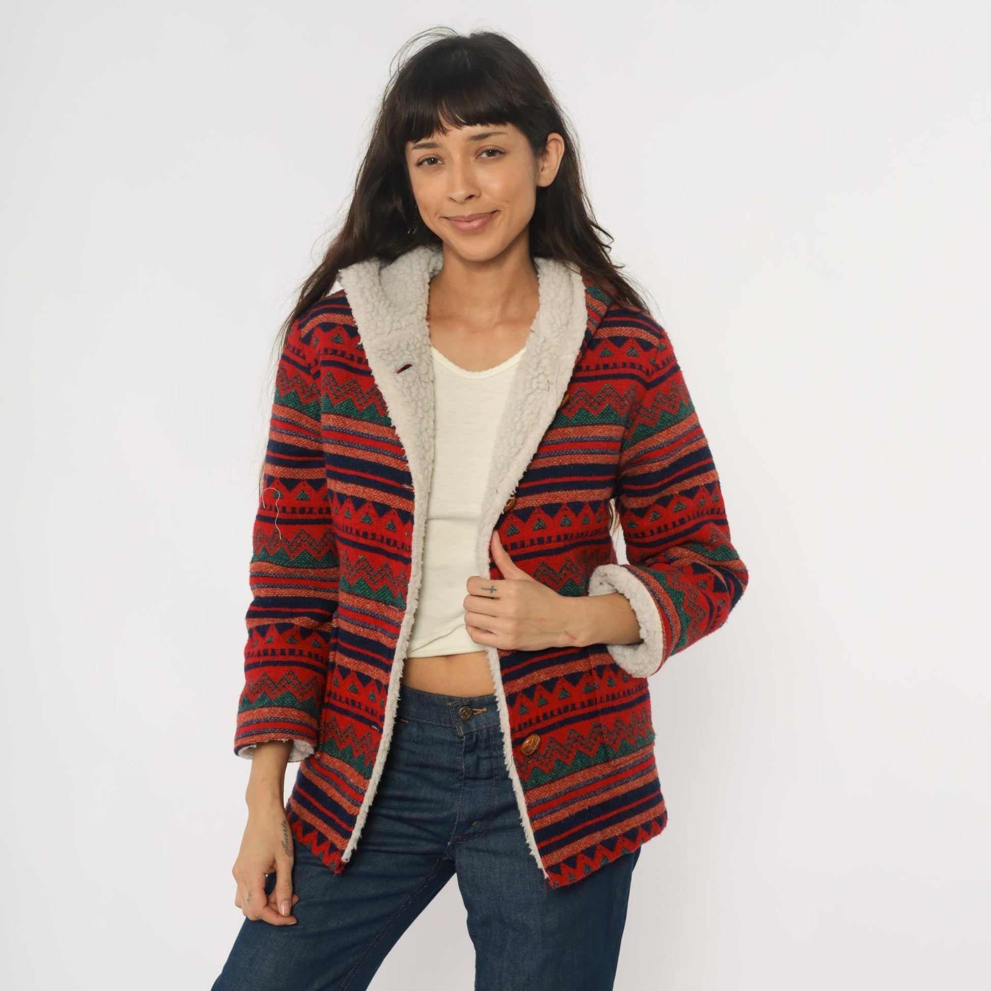 70s Southwestern Hooded Jacket Aztec Pattern Red Navy Orange Wool Blend Extra Small XS