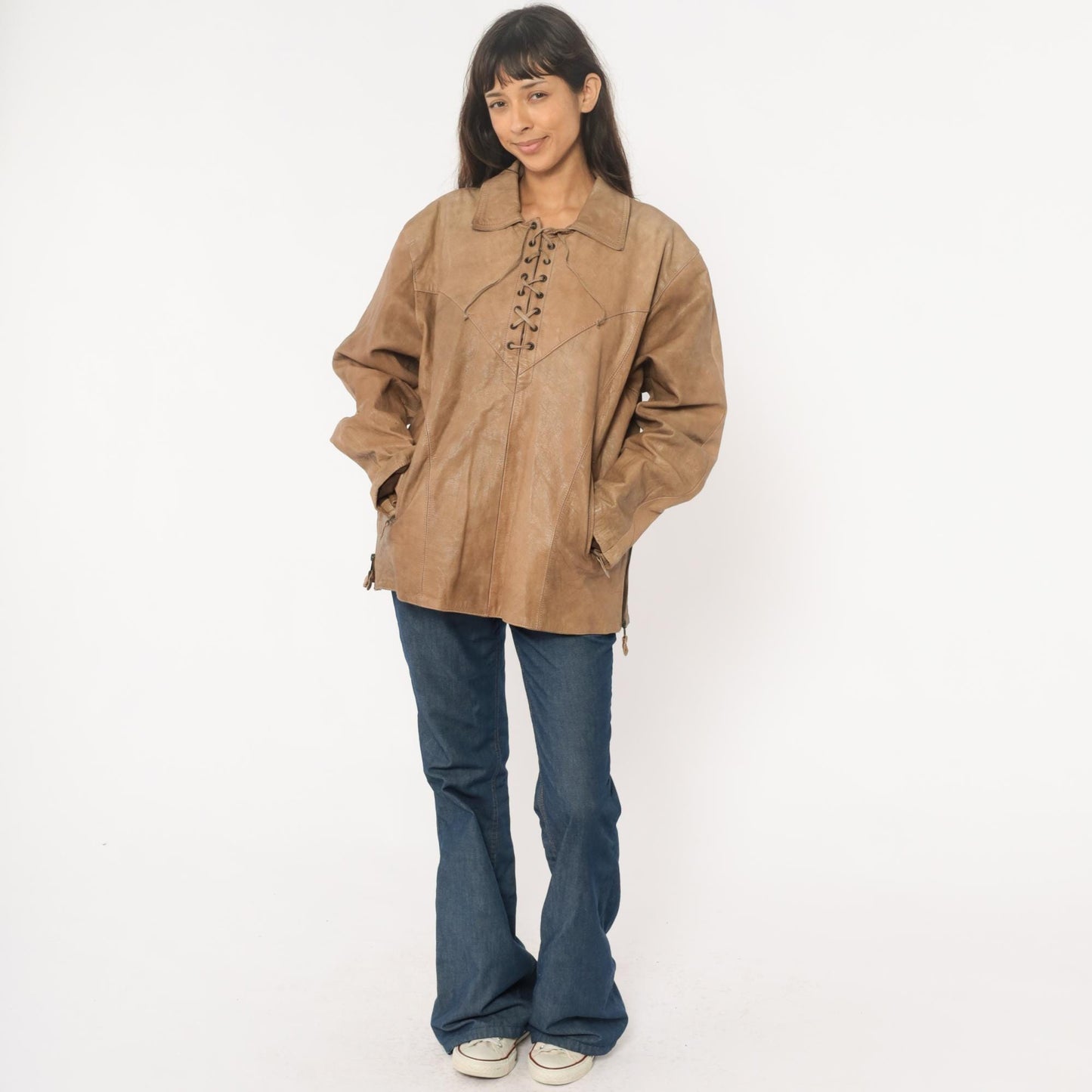 70s Yukon Jack Leather Jacket Tan Lace-Up Western Collar Extra Large XL