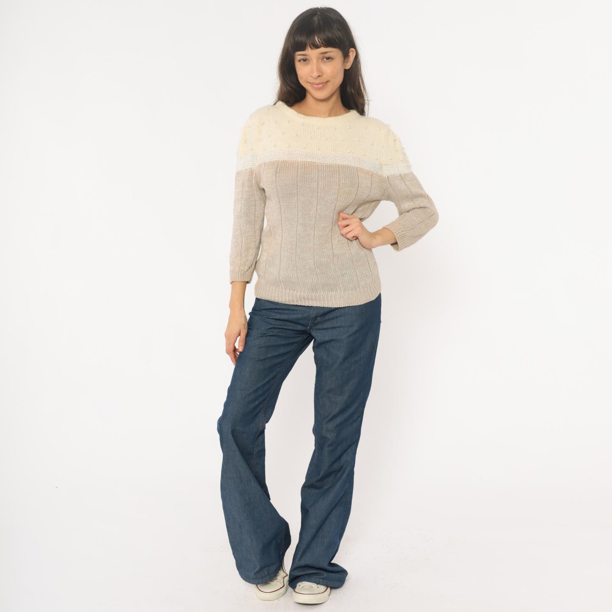 80s Lloyd Williams Beaded Colorblock Sweater Cream Beige Pearl Large