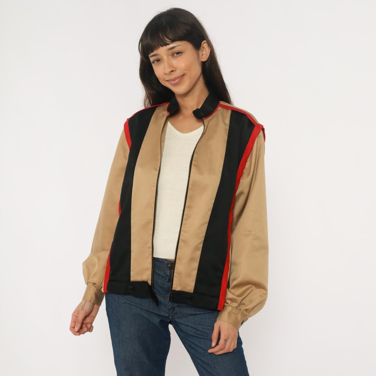 80s Sissies Windbreaker Jacket Tan Black Red Colorblock Medium