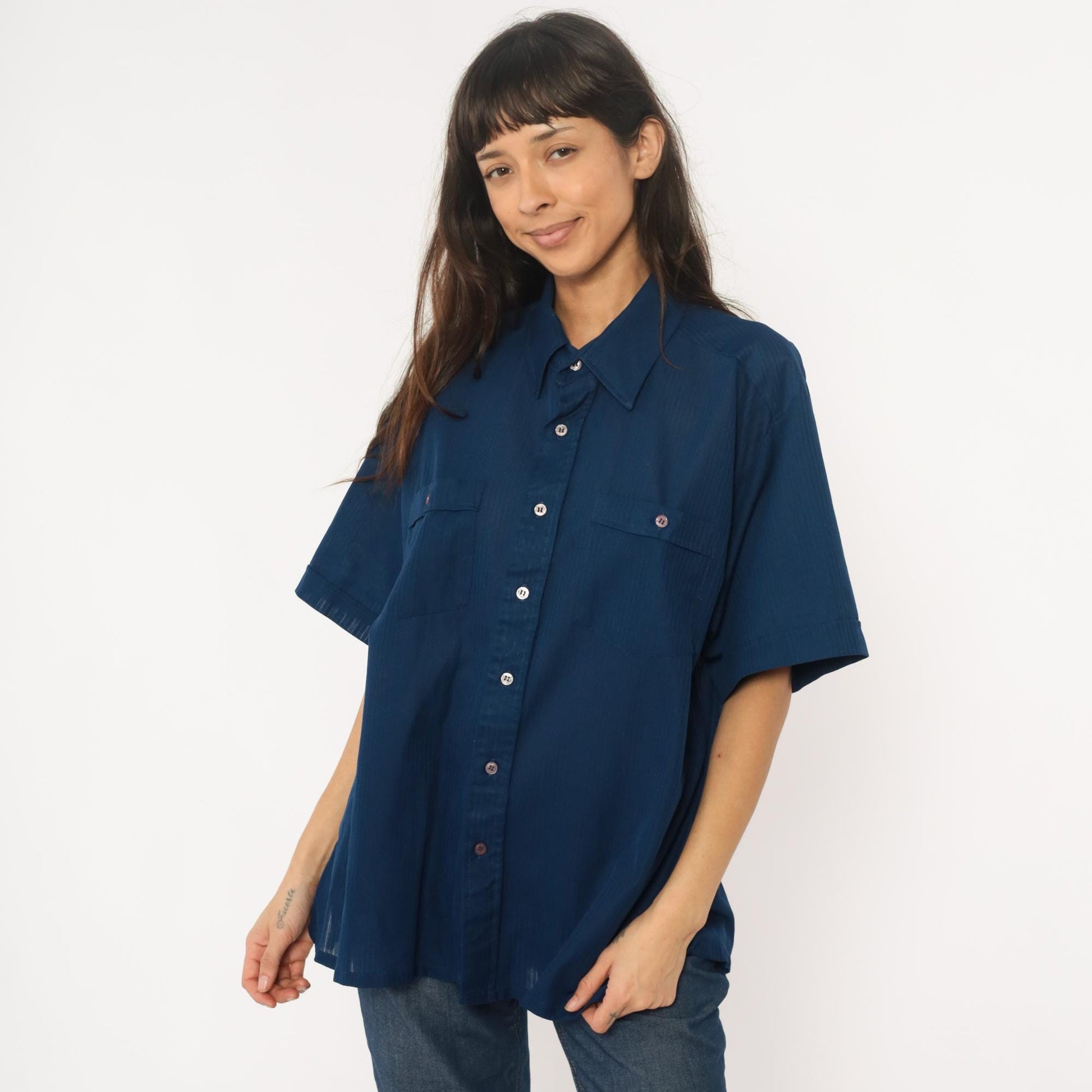 70s Navy Polyester Button-Up Shirt Short Sleeve Chest Pockets Extra Large