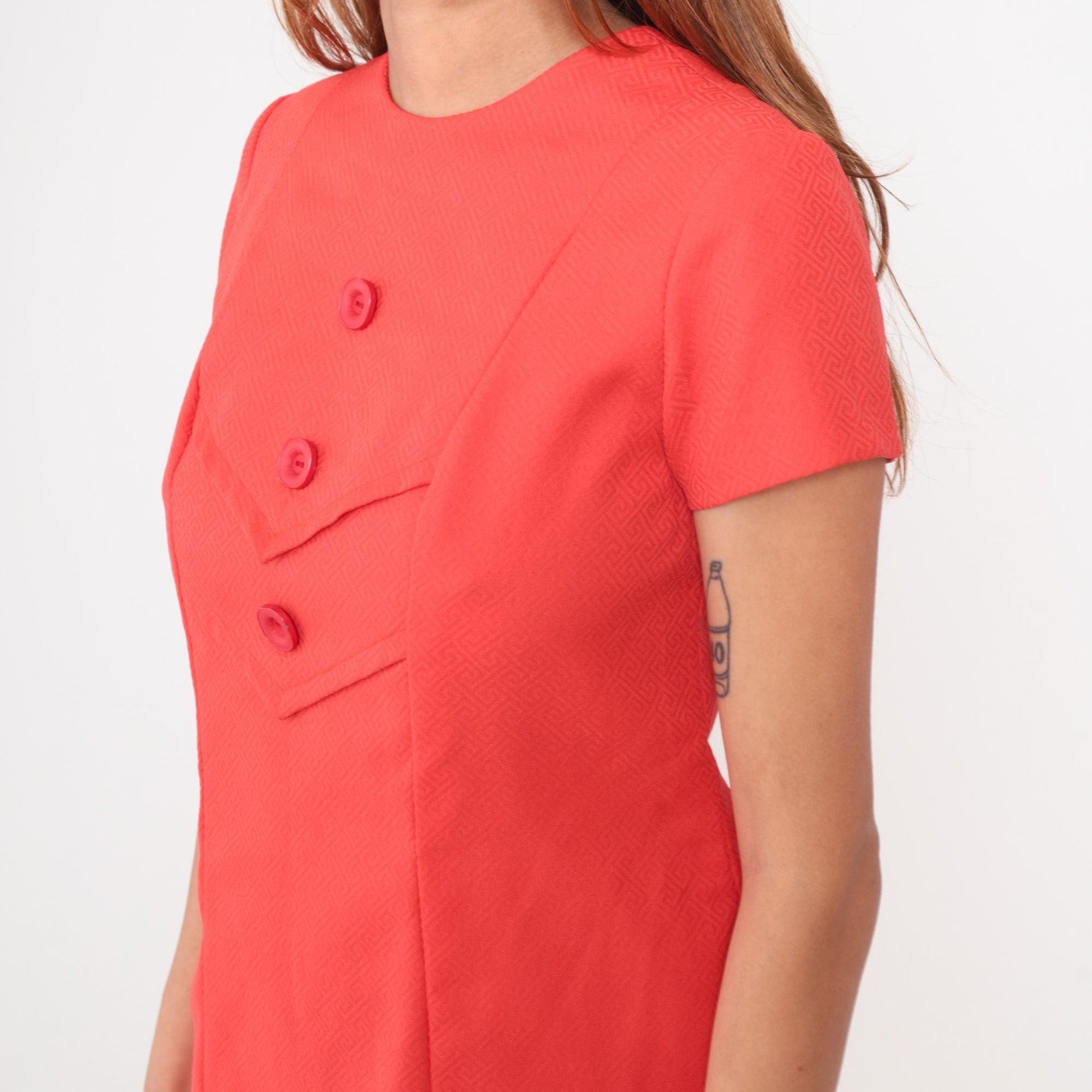 60s Coral Mod Mini Dress Shift A-Line Chevron Short Sleeve Small S
