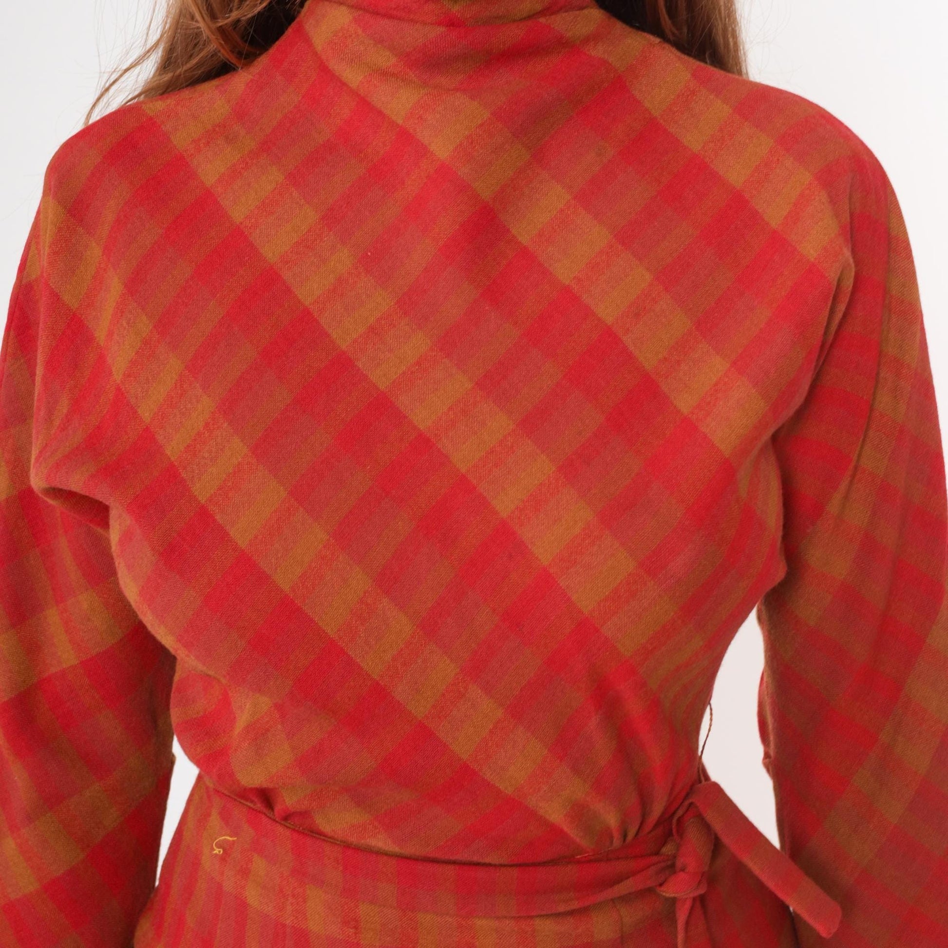 60s Mr Mort Plaid Wool Dress Red Orange Buffalo Check Mock Neck Tie Waist Extra Small