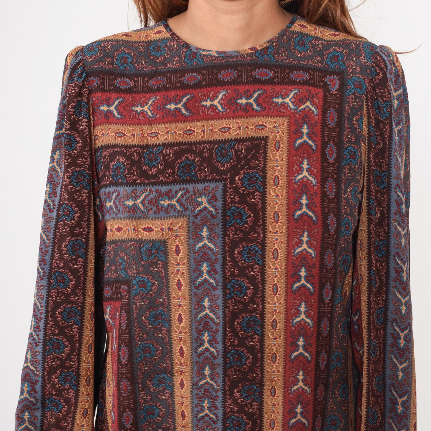 80s Leslie Fay Geometric Midi Dress Long Sleeve Burgundy Teal Medium
