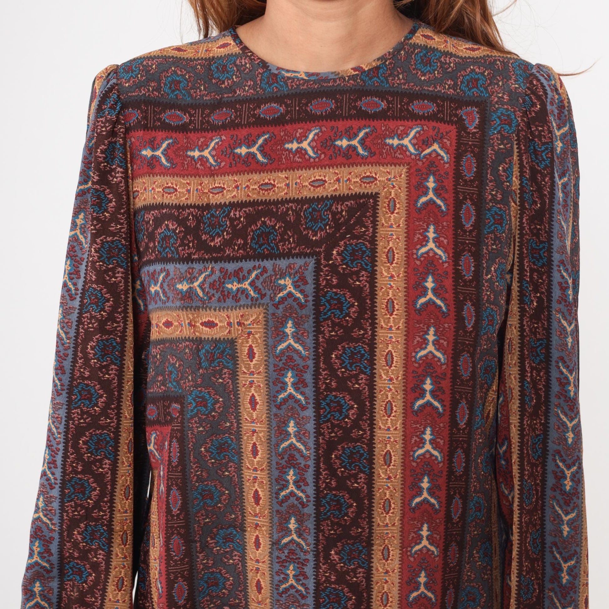 80s Leslie Fay Geometric Midi Dress Long Sleeve Burgundy Teal Medium