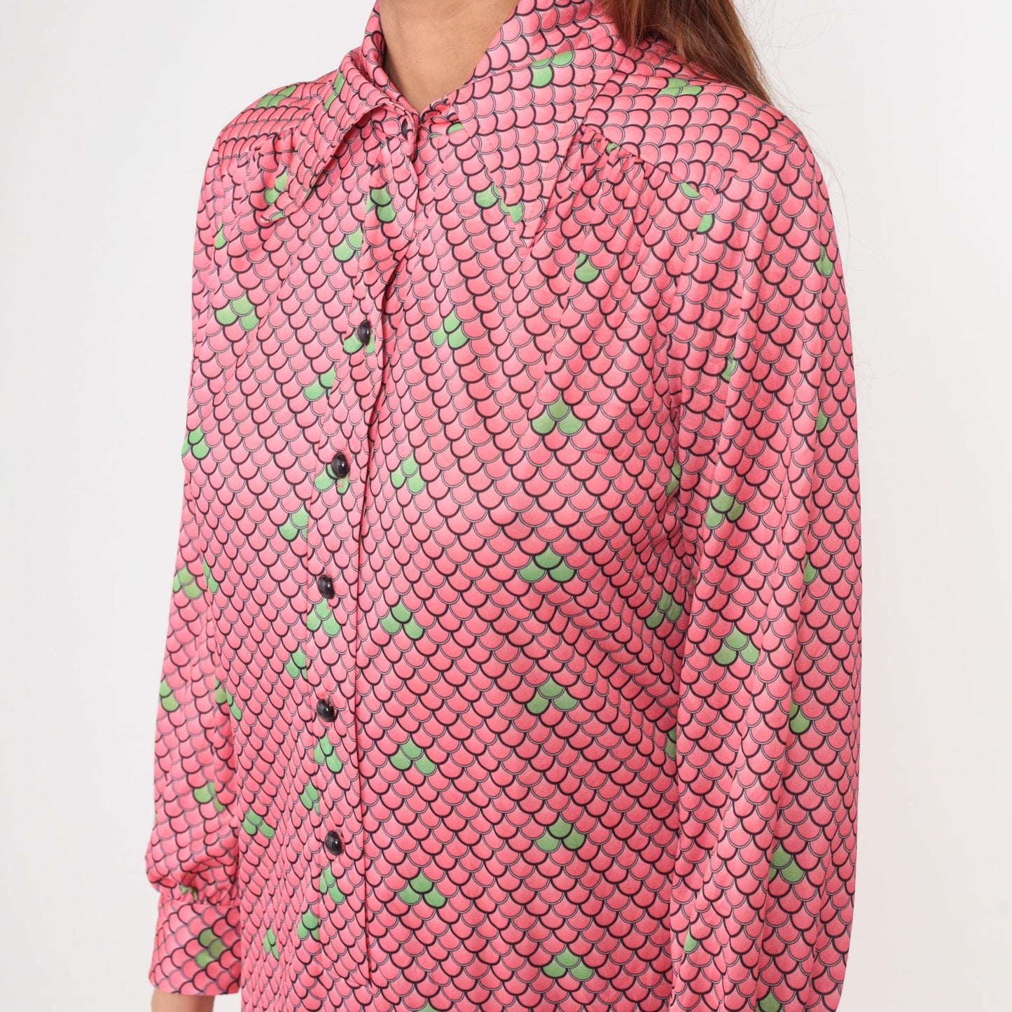 70s Lee Morton Chicago Pink Scale Print Shirt Dress Knee Length Large L