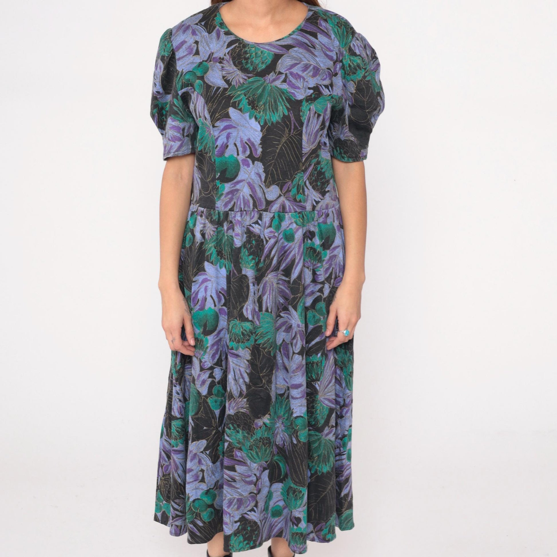 90s Scandels Black Floral Maxi Dress Purple Green Puff Sleeve Drop Waist Medium