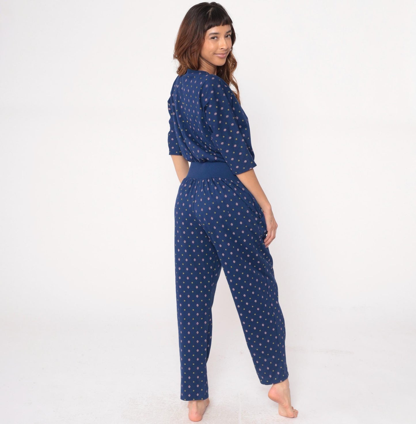 80s Rebe Geometric Jumpsuit Navy Diamond Print Button Front Medium M