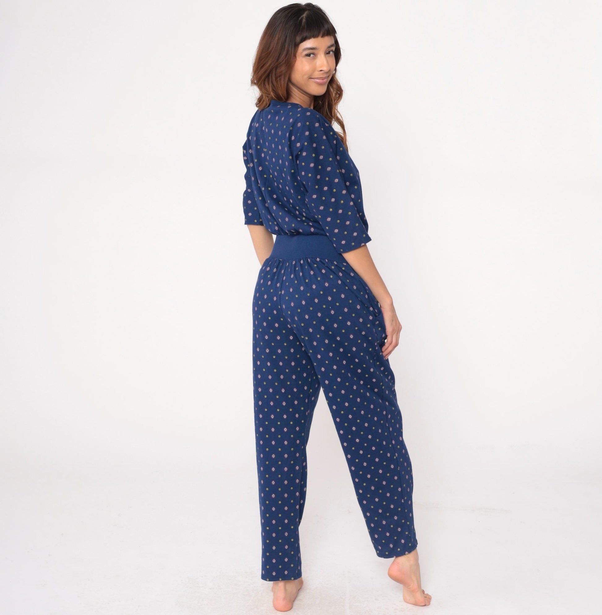 80s Rebe Geometric Jumpsuit Navy Diamond Print Button Front Medium M