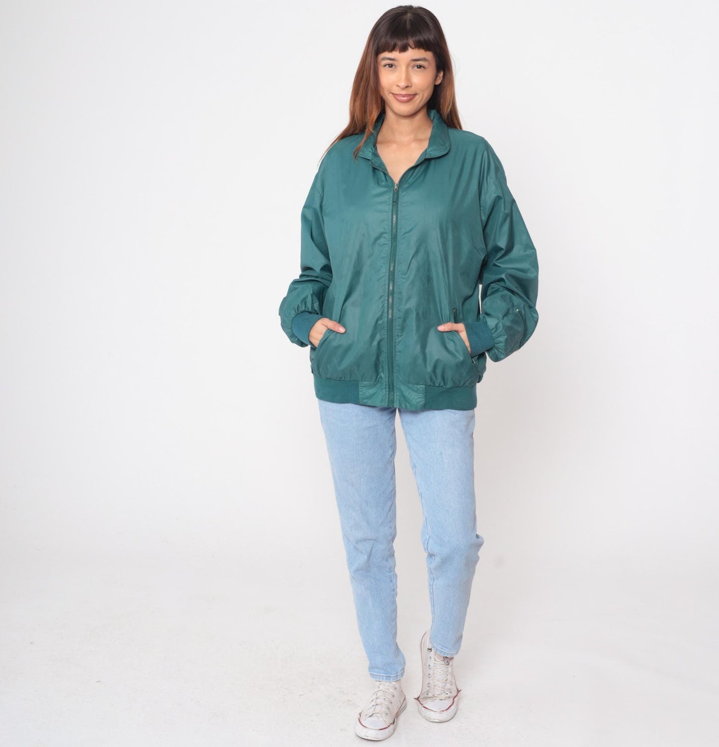 90s Izod Club Teal Windbreaker Jacket Nylon Zip Ribbed Collar Large L