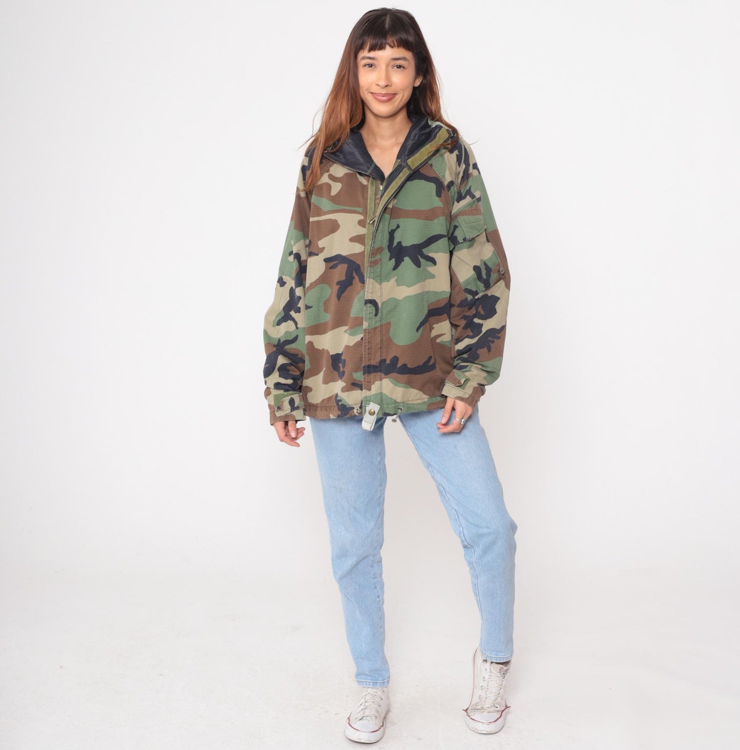 90s Woodland Camo Military Jacket Zip Hood Army Green Medium