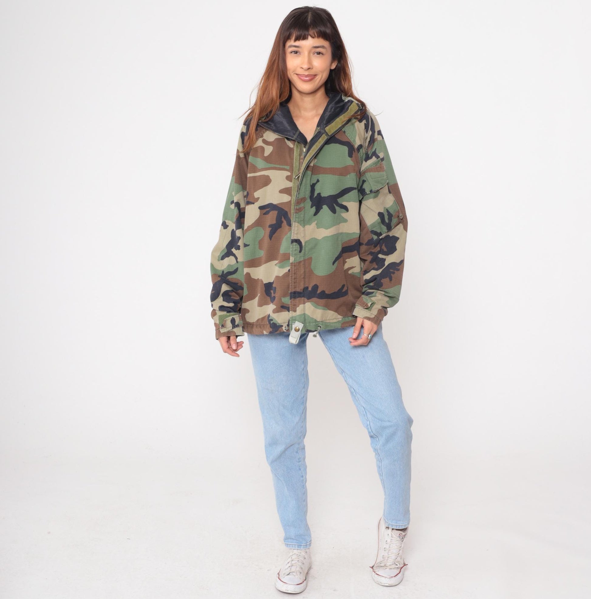 90s Woodland Camo Military Jacket Zip Hood Army Green Medium