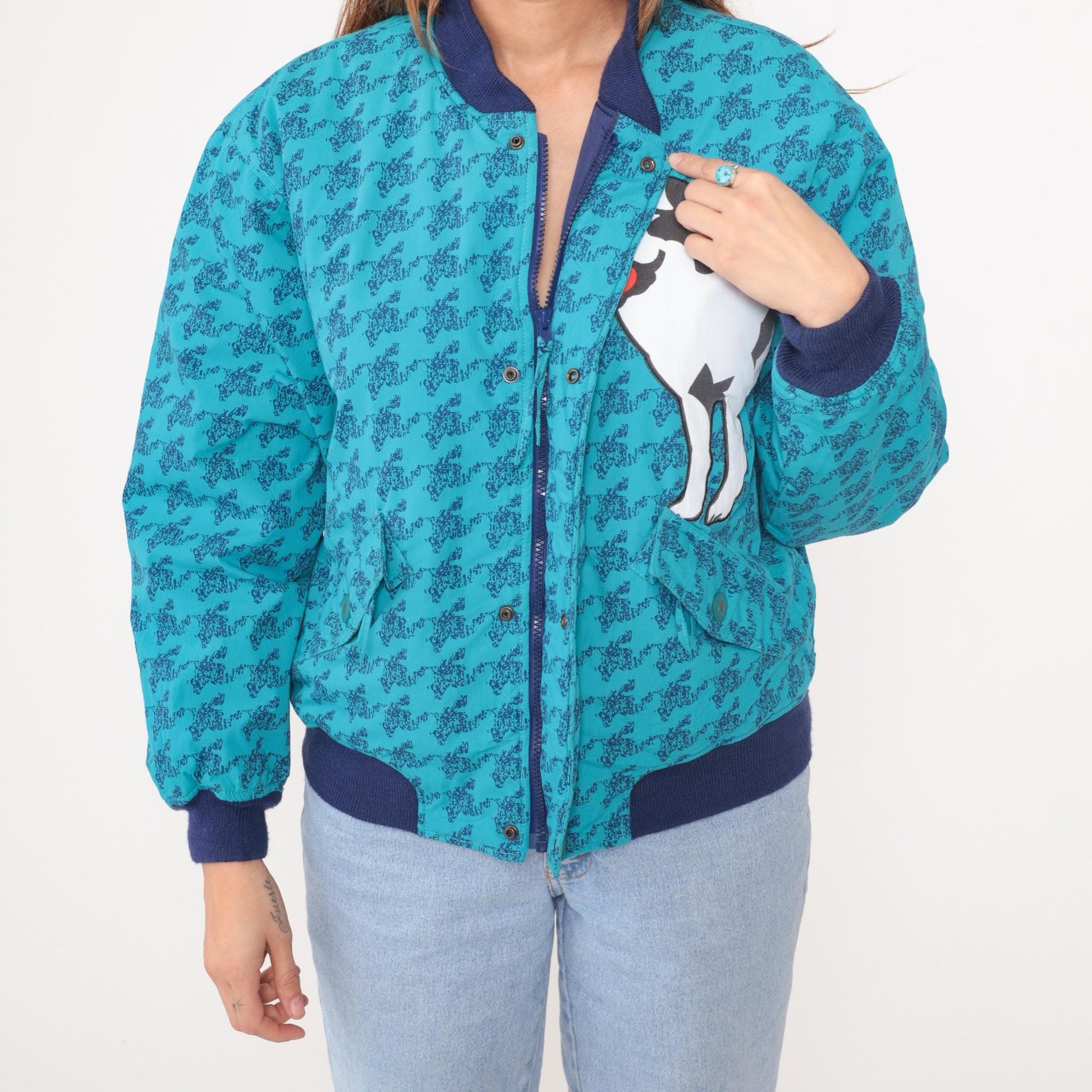 90s Big Dogs Bomber Jacket Turquoise Navy Ribbed Trim Dog Graphic Youth XL