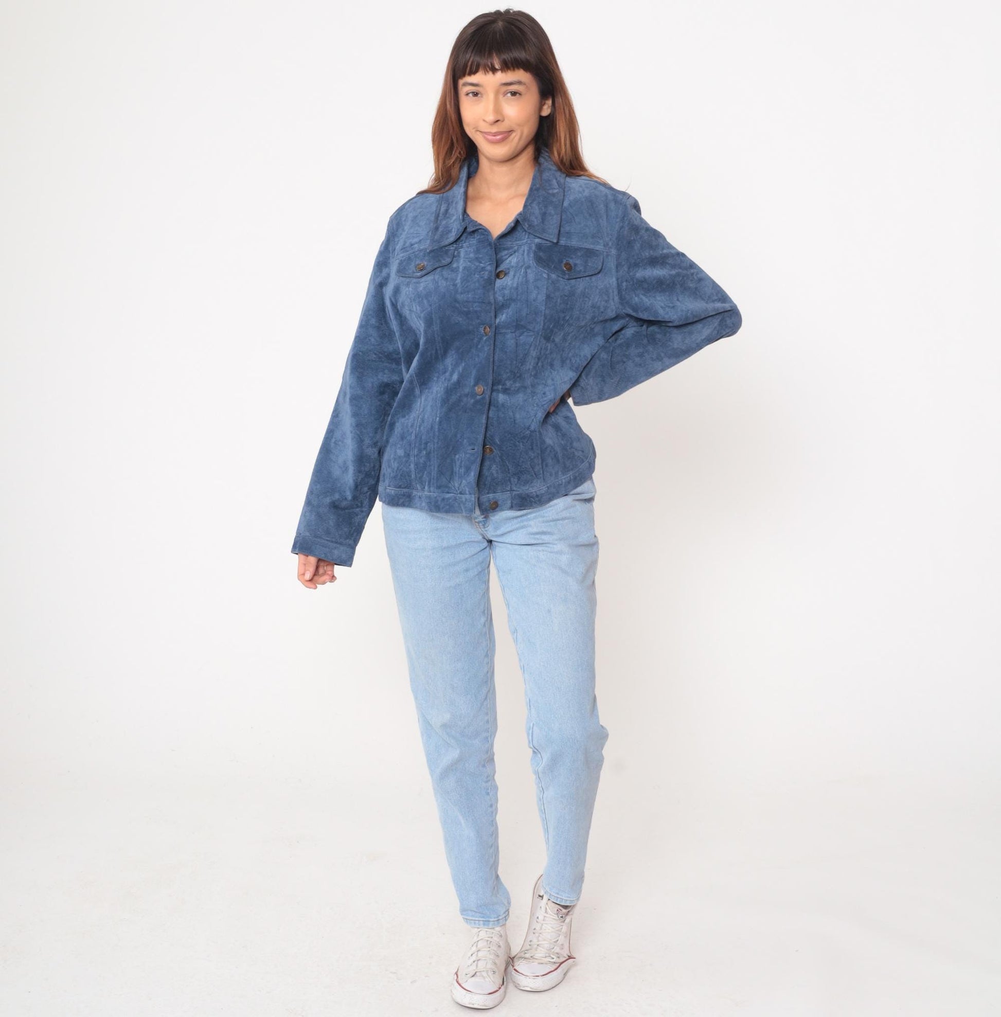 Y2K Blue Suede Jacket Collared Trucker Western Chest Pockets Extra Large