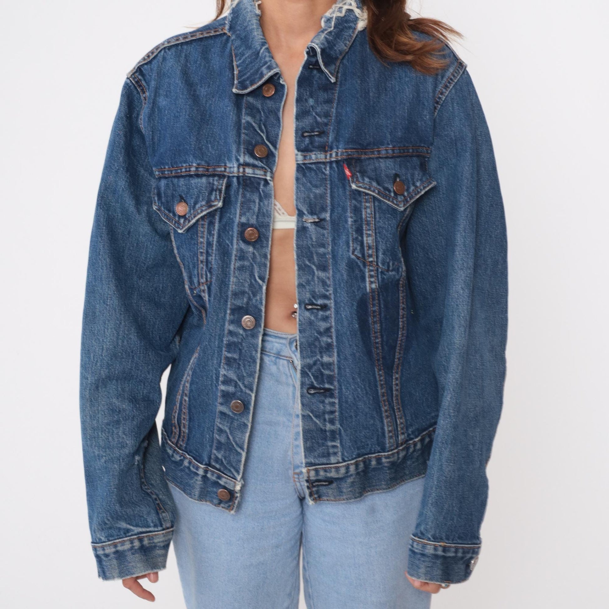 70s Levi's Denim Jacket Medium Blue Washed Distressed Trucker